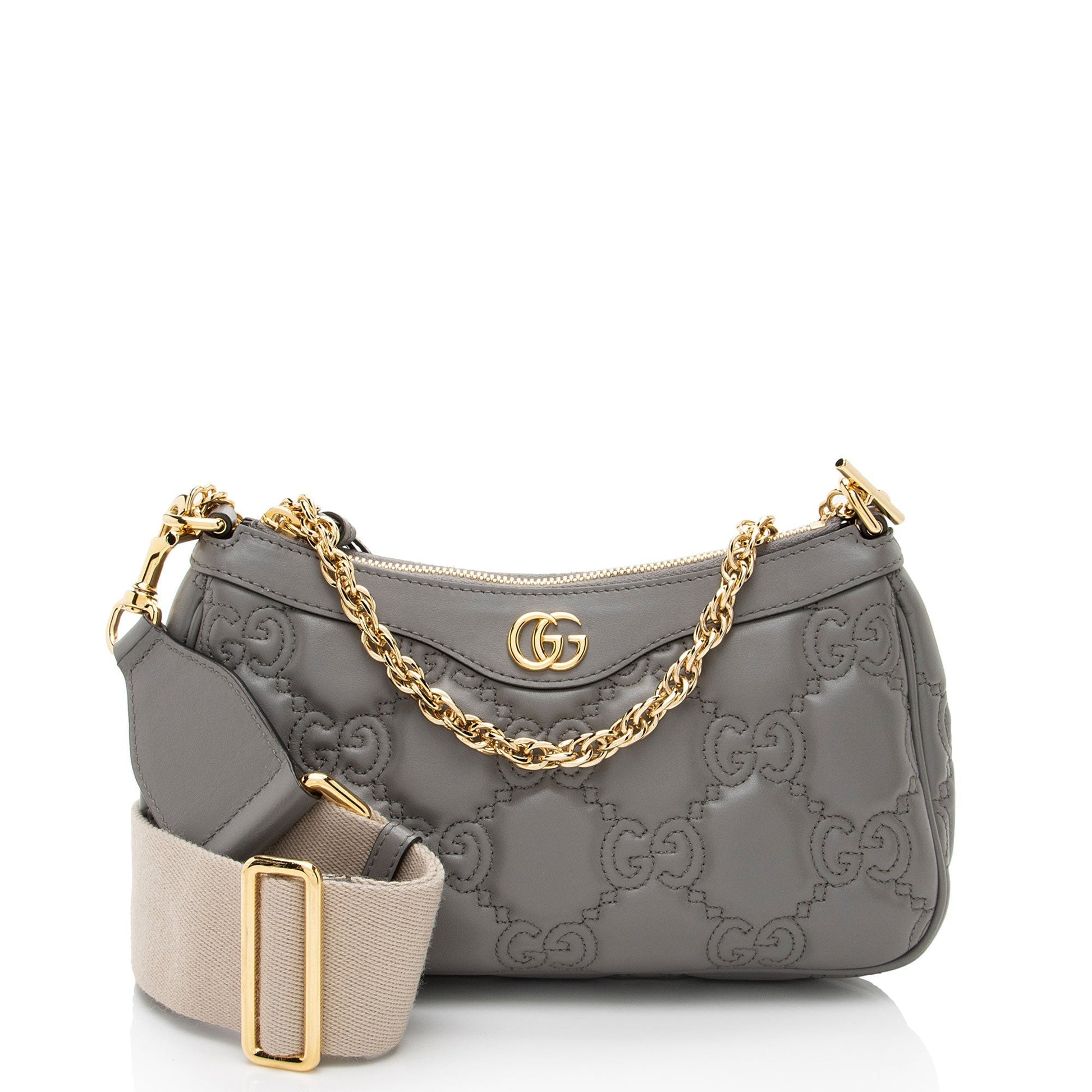 Gucci Jumbo GG Chain Matelasse Leather Nylon Grey Crossbody Bag