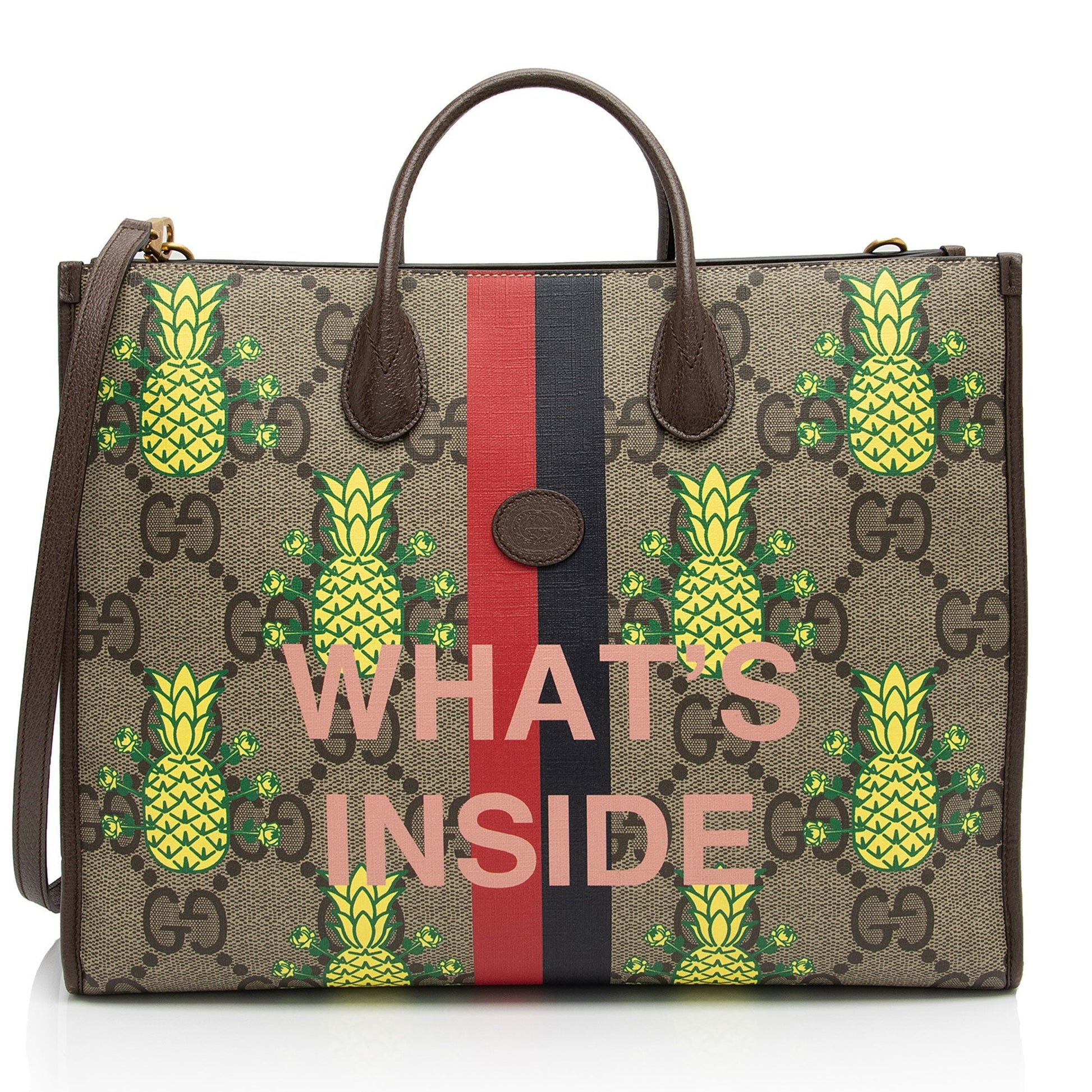 Gucci Jumbo GG Supreme Dollar Pineapple Canvas Calfskin Brown Beige Tote Bag