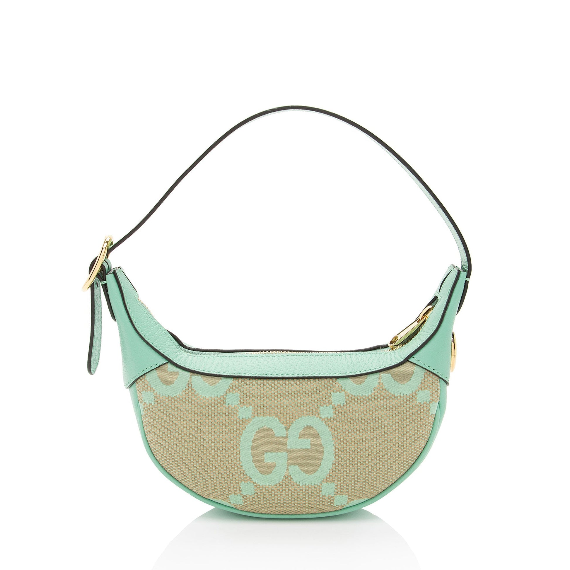 Gucci Jumbo GG Web Half Moon Leather Canvas Beige Green Shoulder Bag