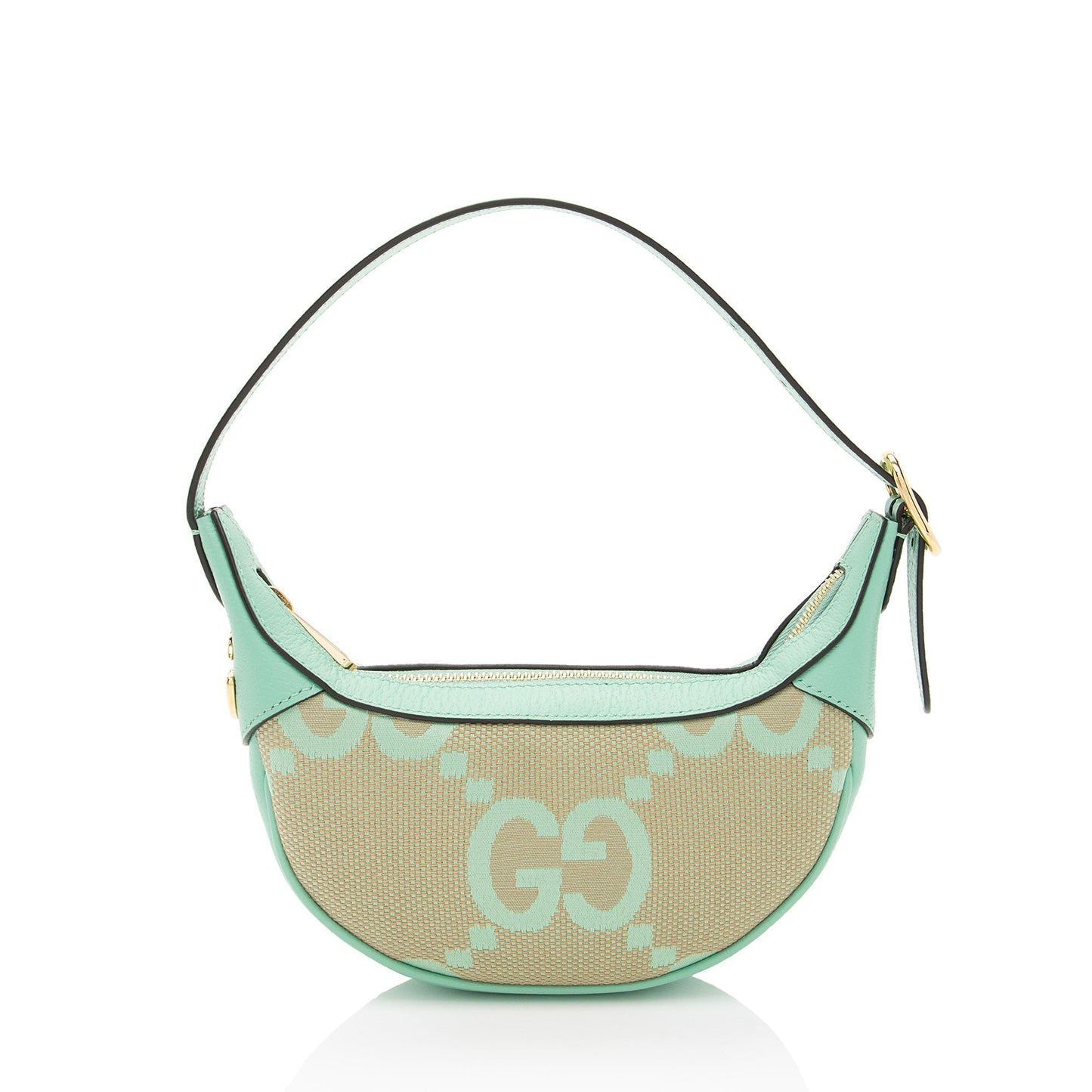 Gucci Jumbo GG Web Half Moon Leather Canvas Beige Green Shoulder Bag