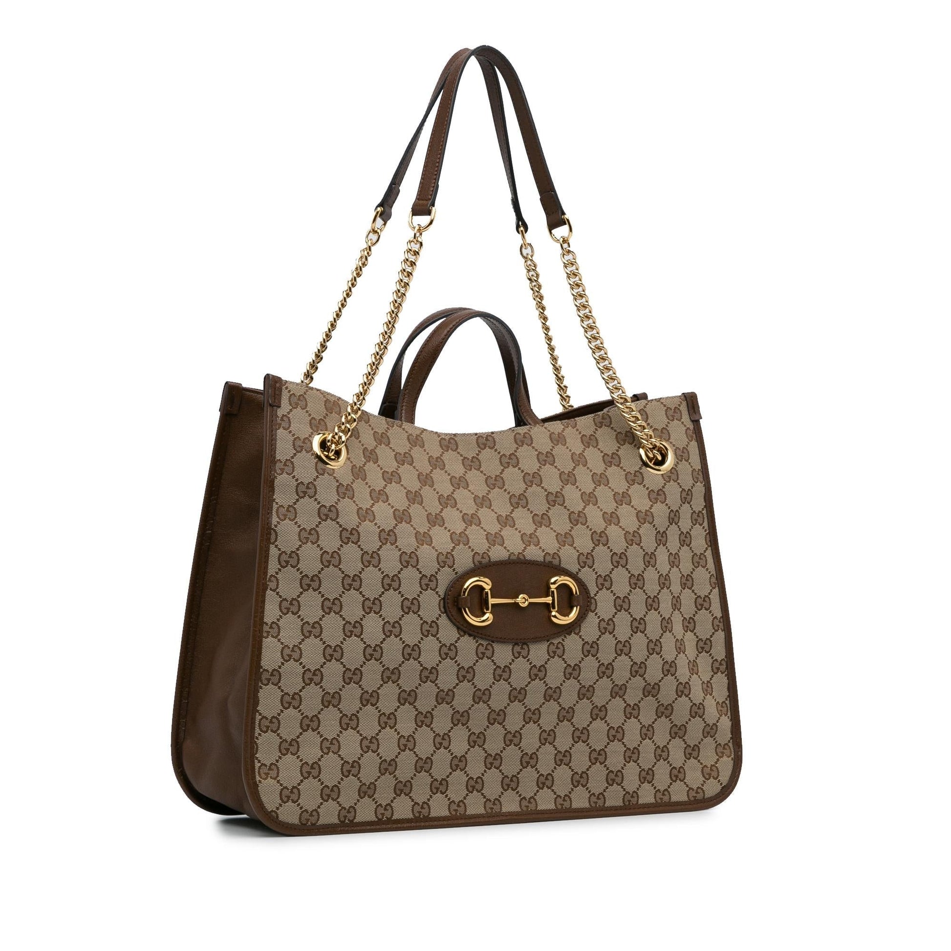 Gucci GG Horsebit Chain SHG-y7zkCB Canvas Calf Brown Large Tote Bag