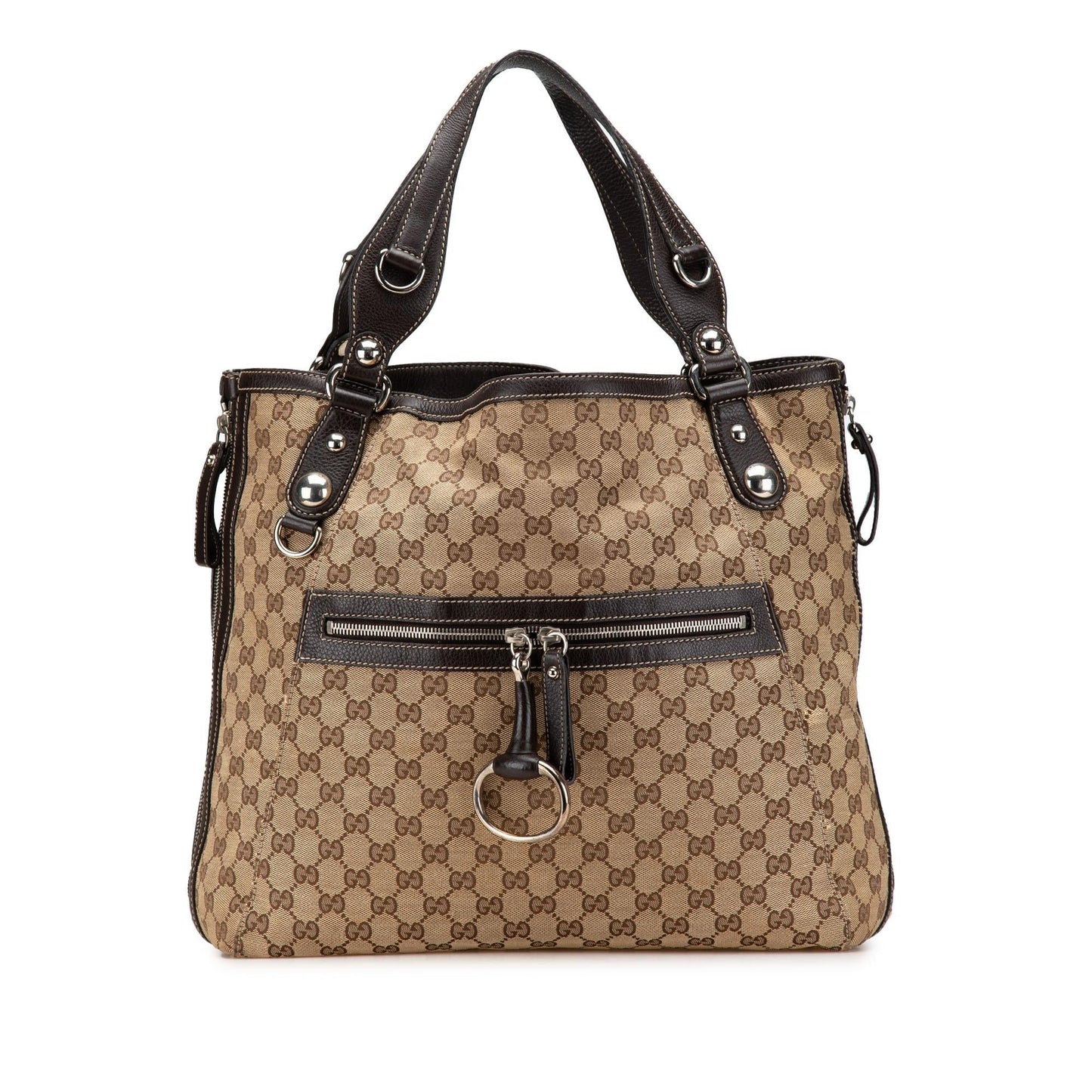 Gucci GG Icon Bit Zip Canvas Calf Brown Large Tote Bag