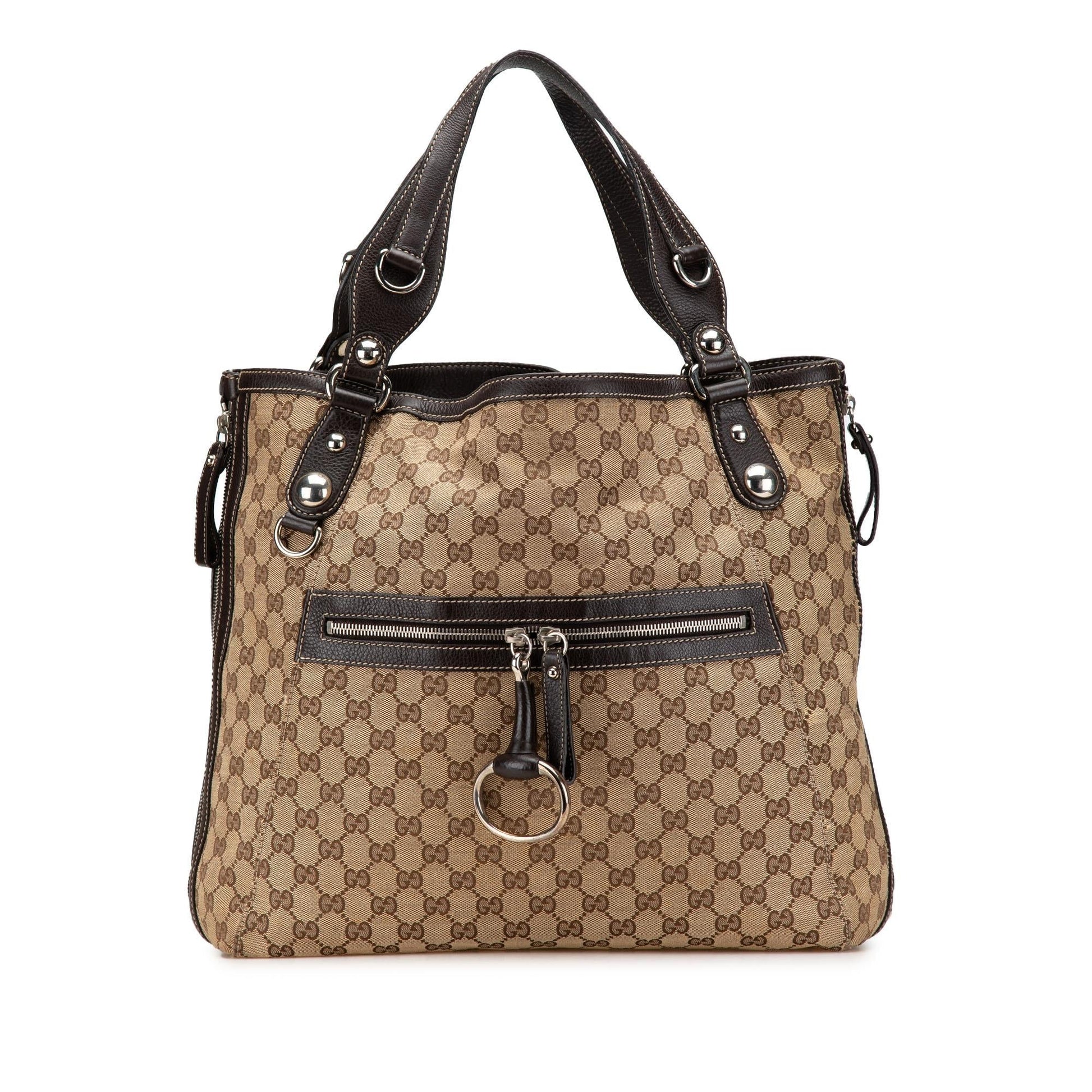Gucci GG Icon Bit Zip Canvas Calf Brown Large Tote Bag