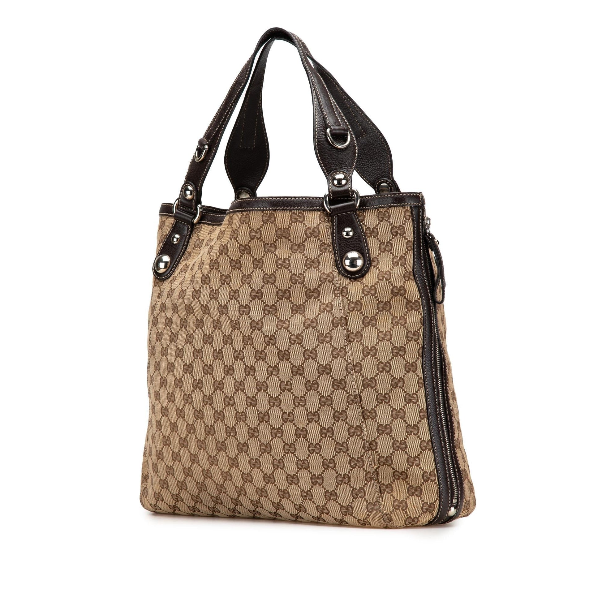 Gucci GG Icon Bit Zip Canvas Calf Brown Large Tote Bag