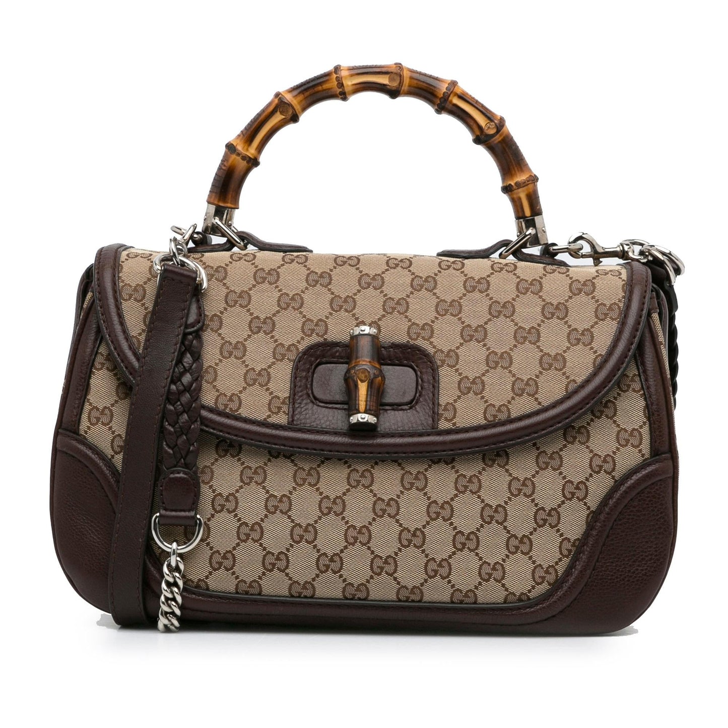 Gucci GG New Bamboo SHG-rWP7tz Canvas Calf Brown Large Satchel Bag