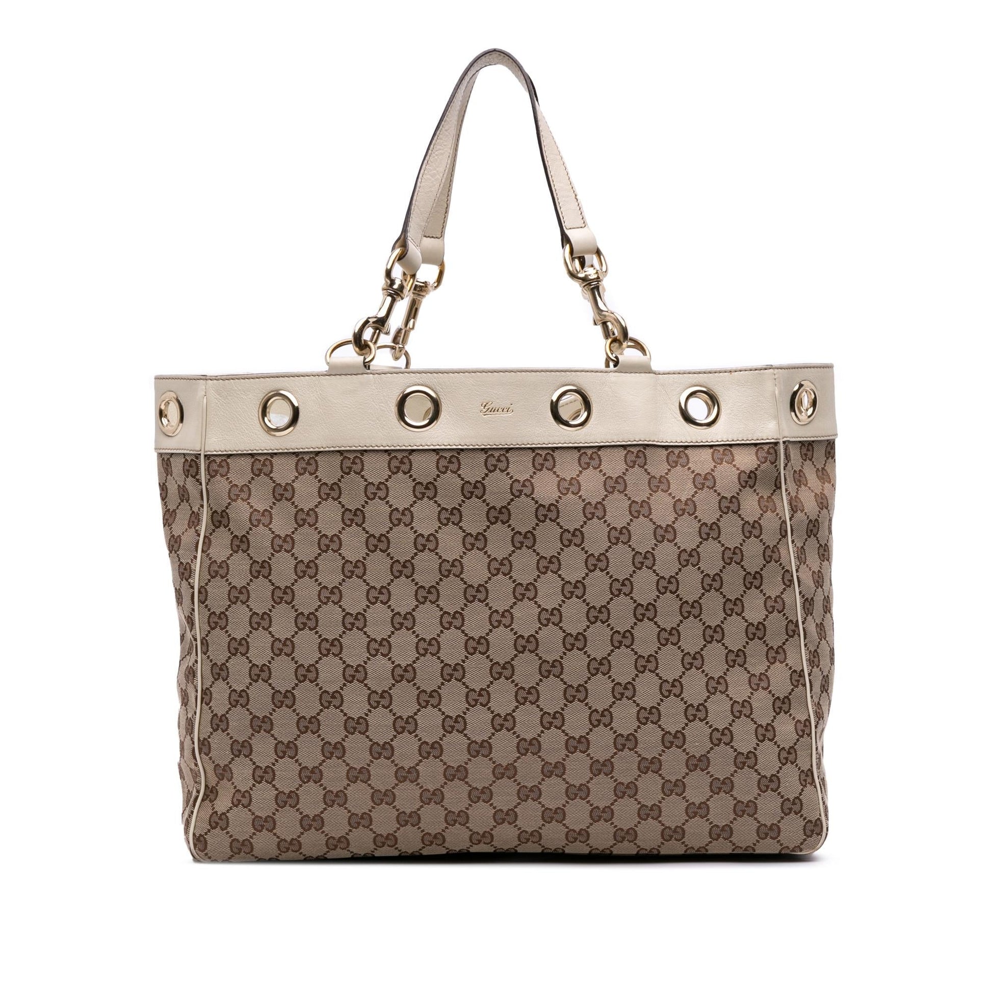 Gucci GG Positano Canvas Calf White Brown Tote Bag