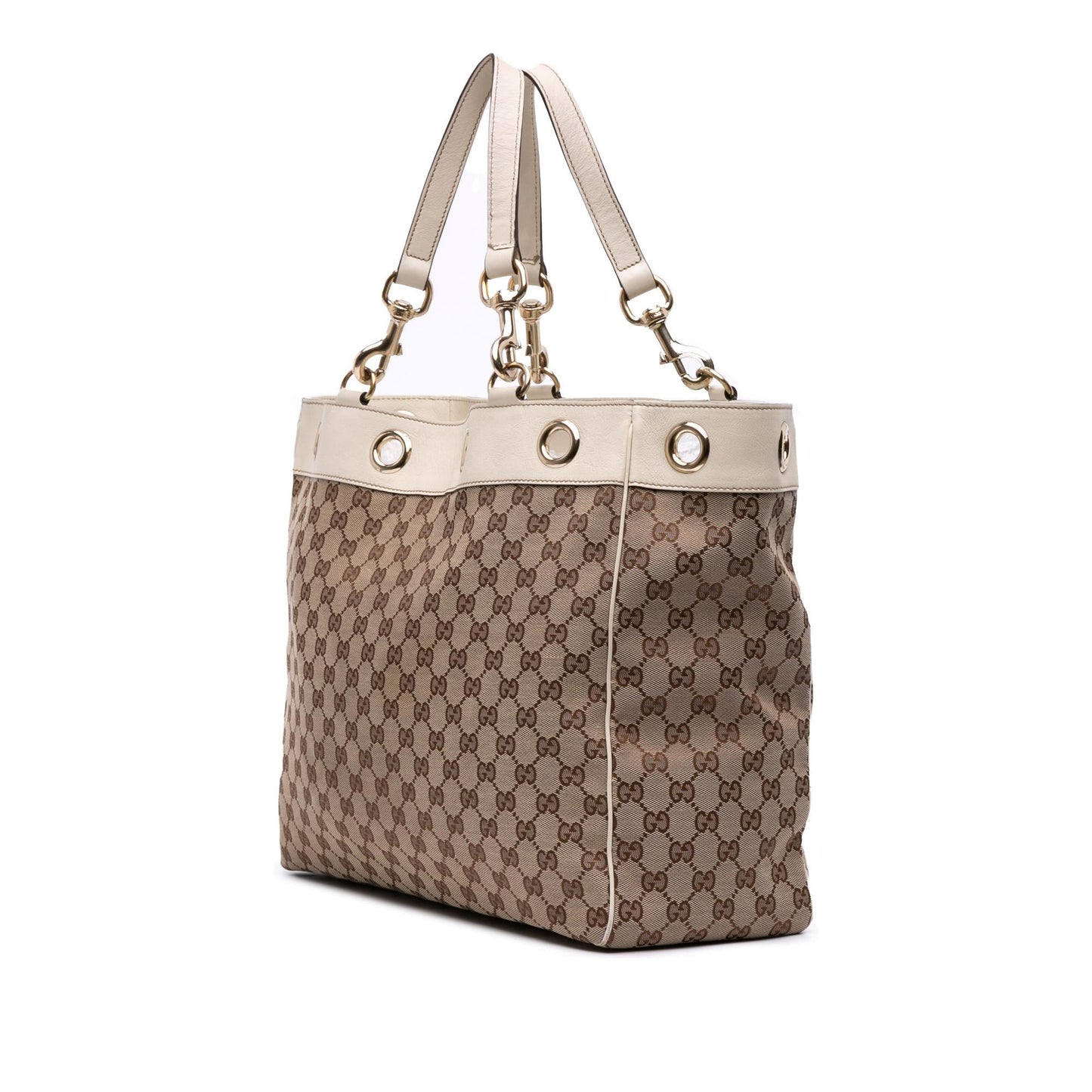 Gucci GG Positano Canvas Calf White Brown Tote Bag