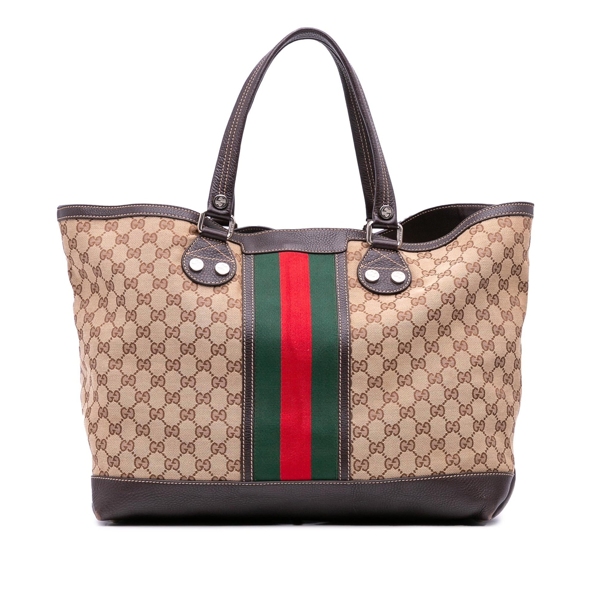 Gucci GG Web Sunset Canvas Calf Brown Large Tote Bag