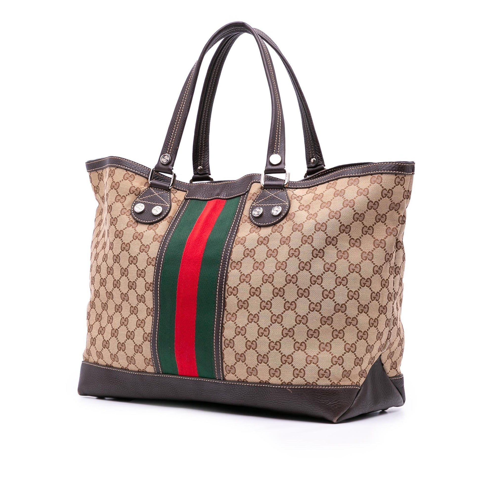 Gucci GG Web Sunset Canvas Calf Brown Large Tote Bag