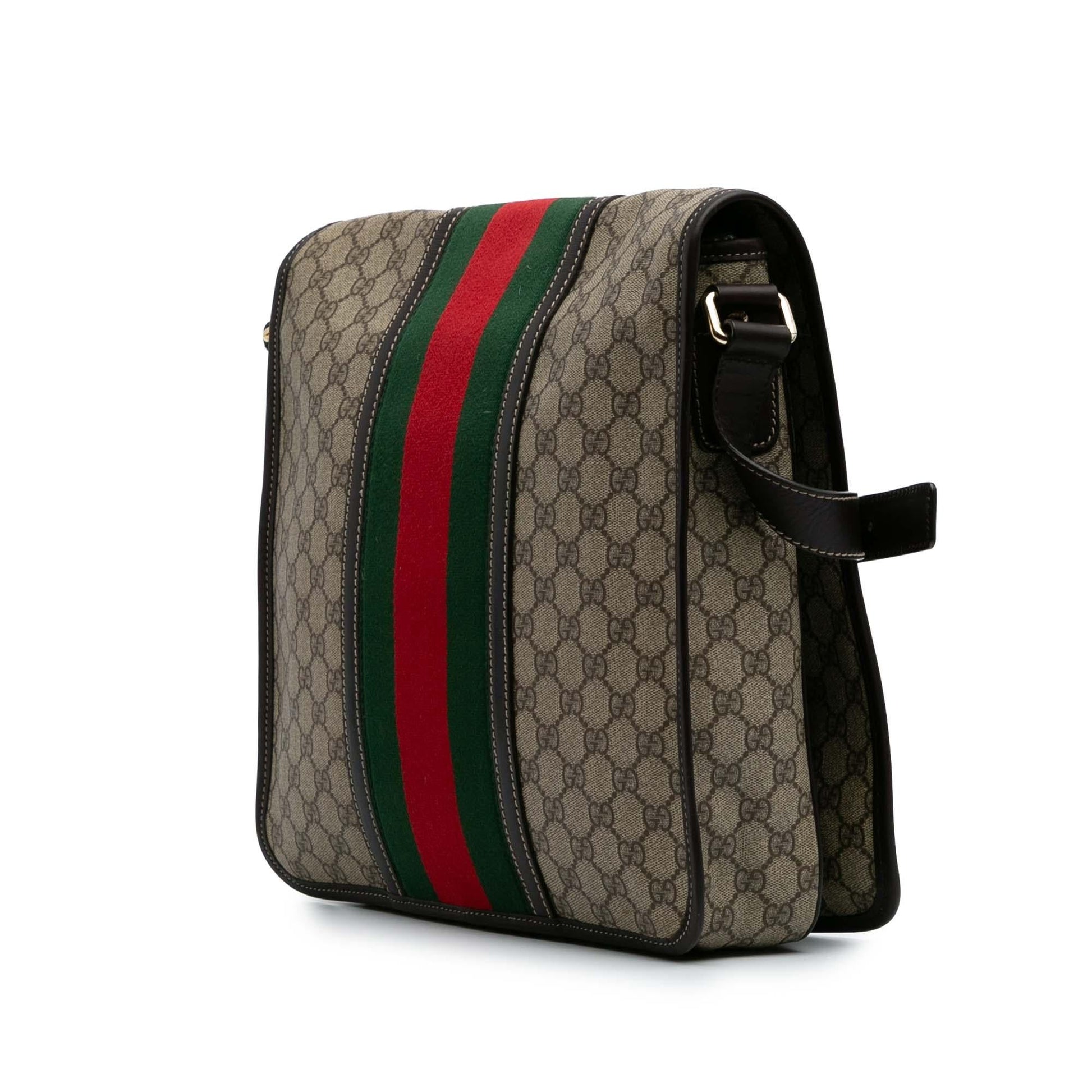 Gucci GG Supreme Web Messenger Canvas Brown Large Flap Crossbody Bag
