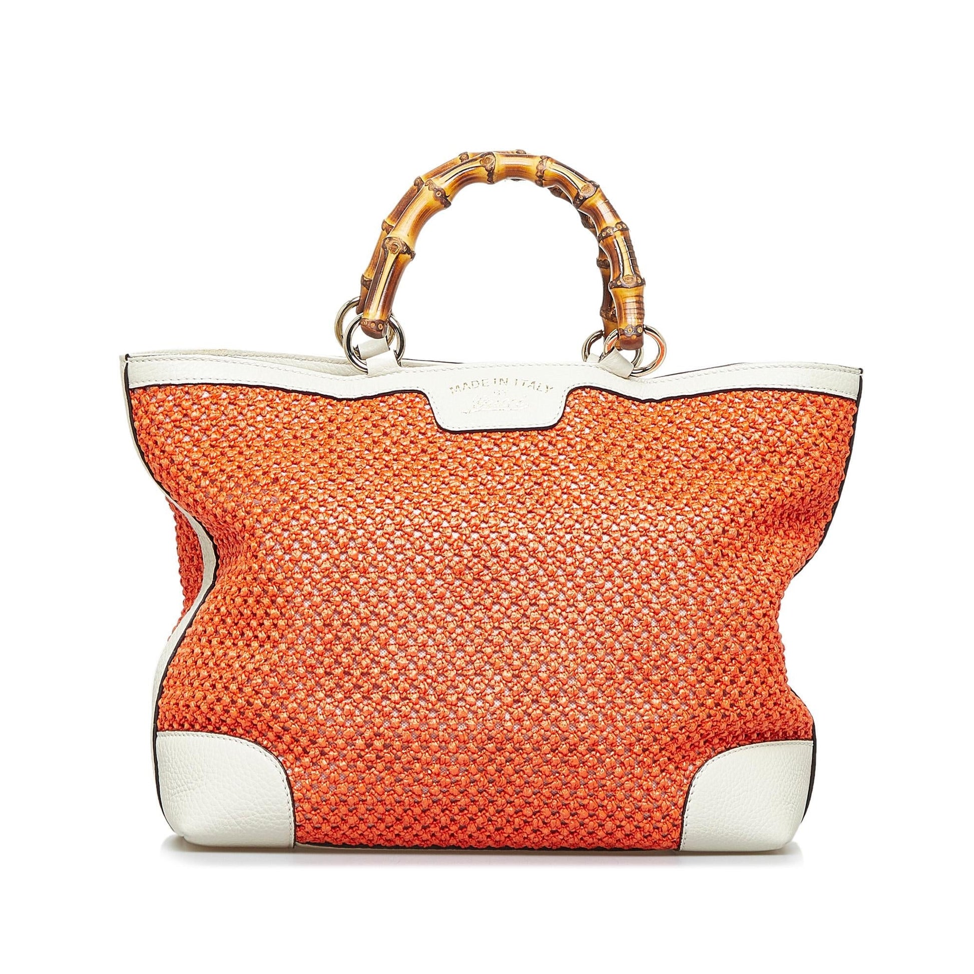 Gucci Bamboo Shopper SHG-BjufB6 Raffia Calf White Orange Tote Bag