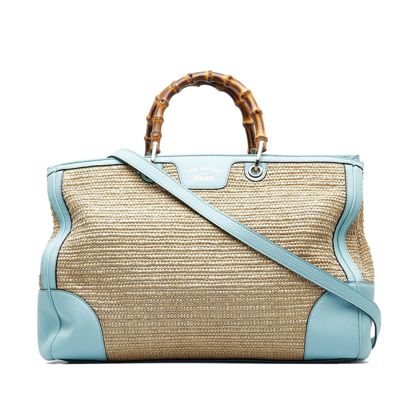 Gucci Bamboo Shopper SHG-wkXCkH Raffia Calf Brown Blue Satchel Bag