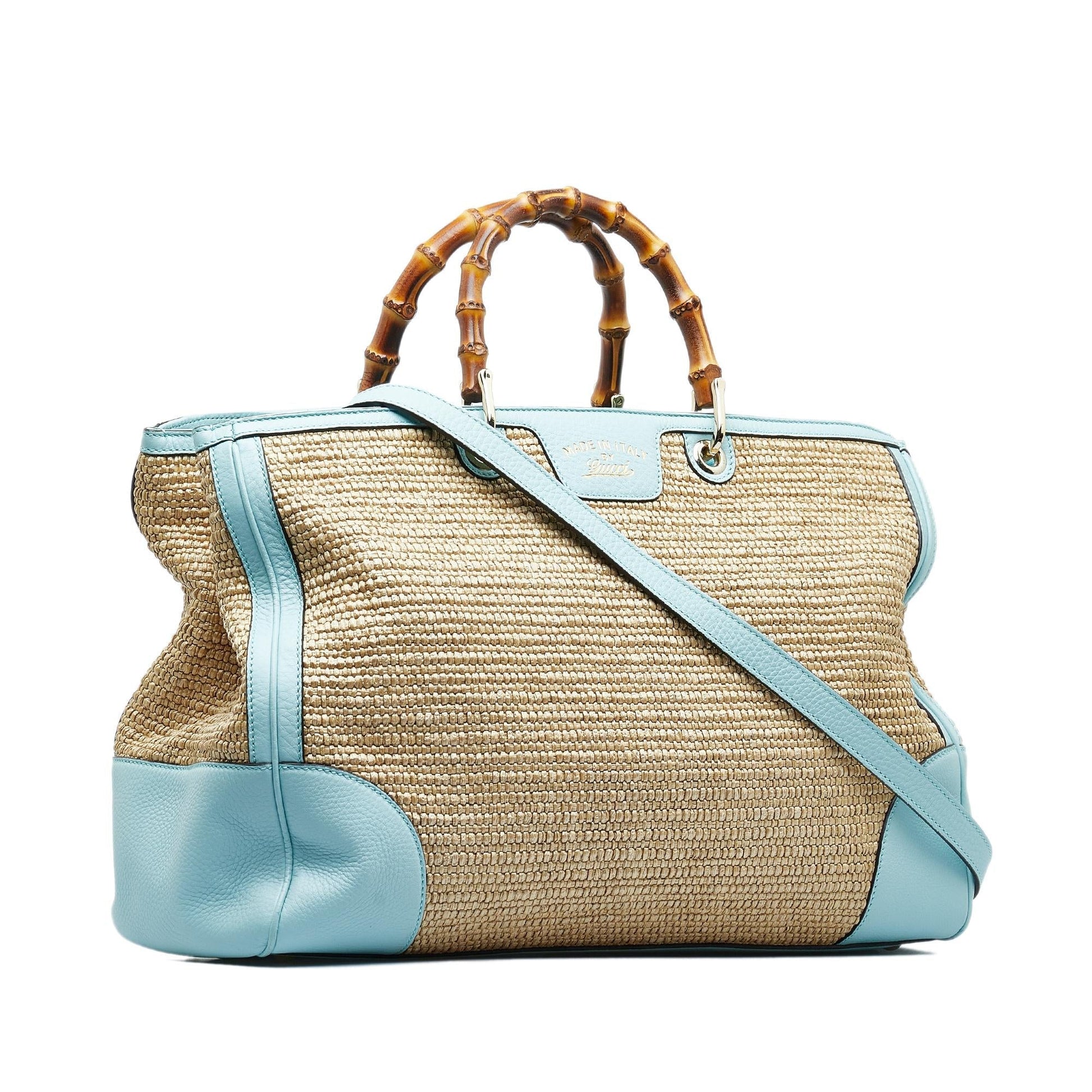 Gucci Bamboo Shopper SHG-wkXCkH Raffia Calf Brown Blue Satchel Bag