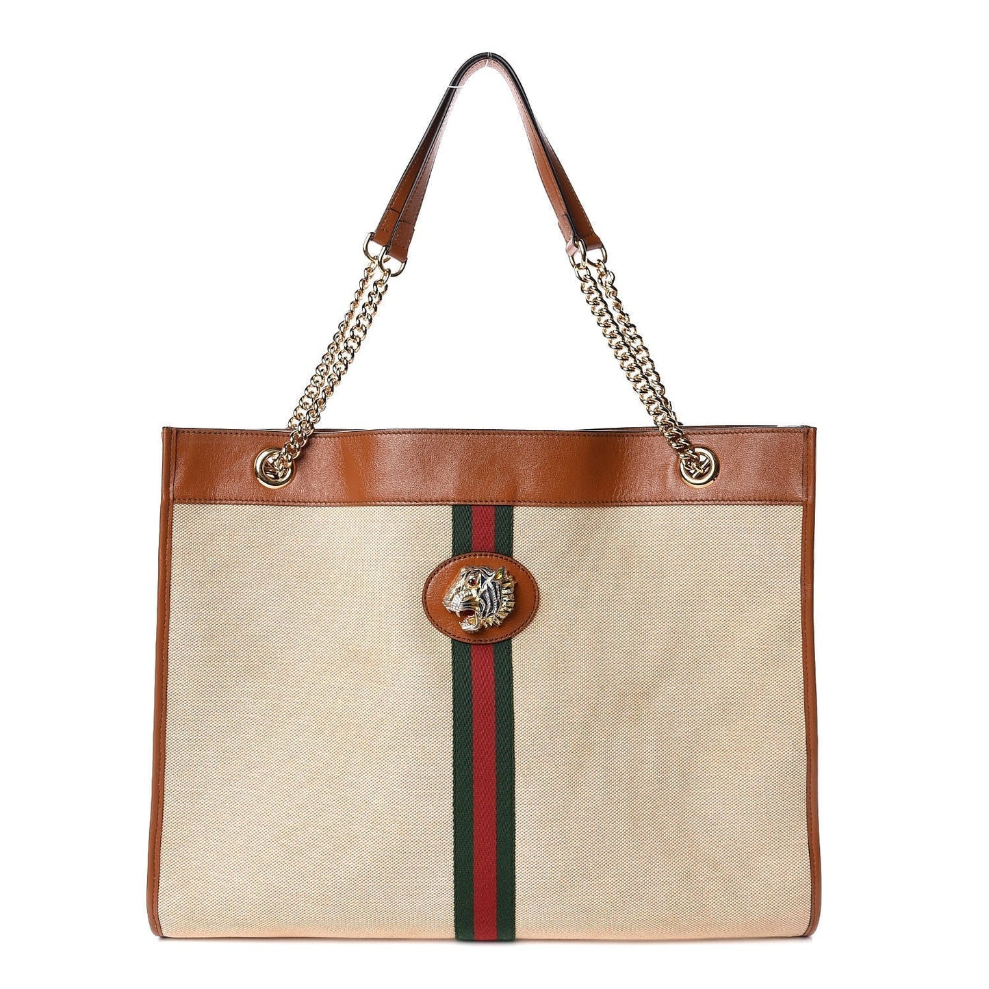 Gucci RAJHA WEB TIGER Leather Canvas Large Tote Bag