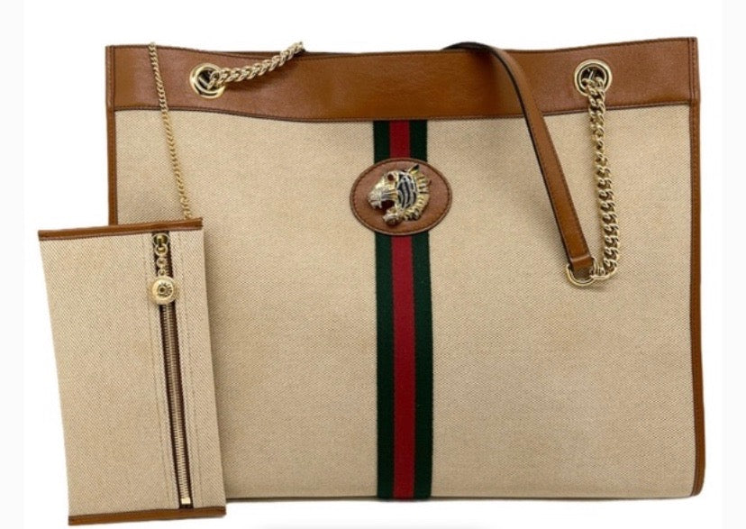 Gucci RAJHA WEB TIGER Leather Canvas Large Tote Bag
