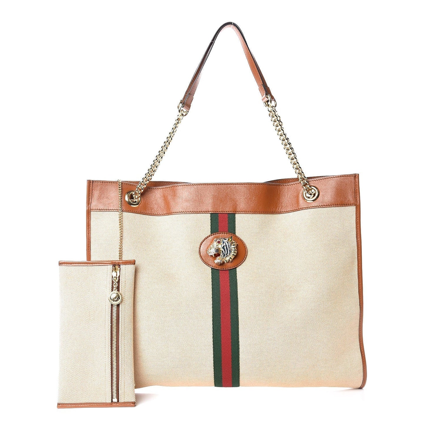 Gucci RAJHA WEB TIGER Leather Canvas Large Tote Bag