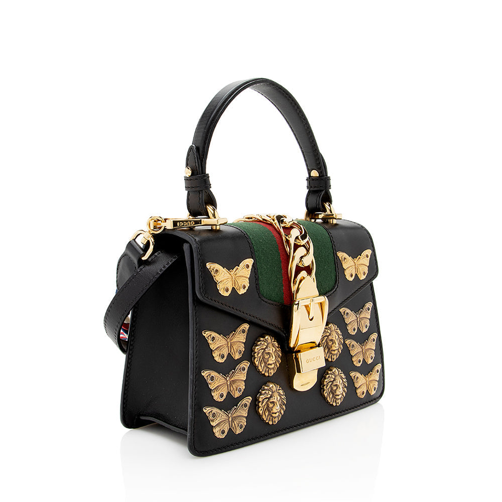 Gucci Animal Studs Sylvie SHF Leather Nylon Black Mini Satchel Bag