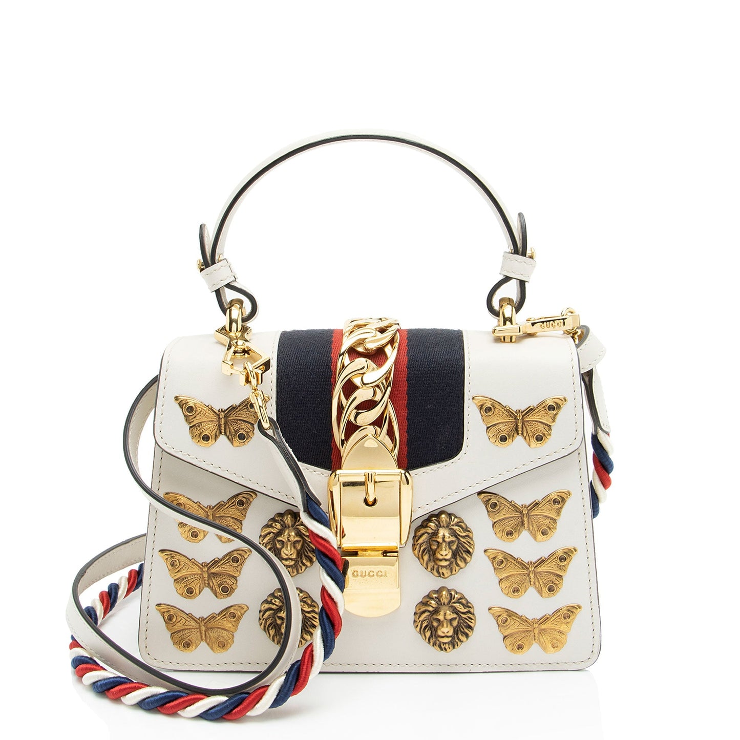 Gucci Animal Studs Sylvie Leather Nylon White Mini Satchel Bag