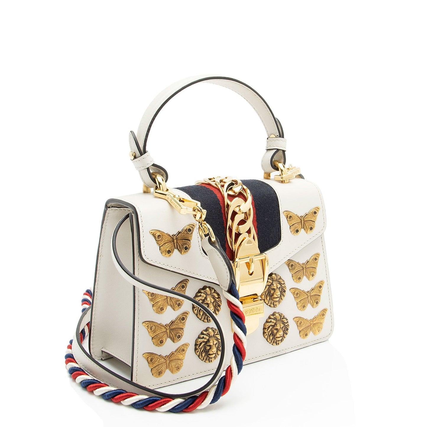 Gucci Animal Studs Sylvie Leather Nylon White Mini Satchel Bag