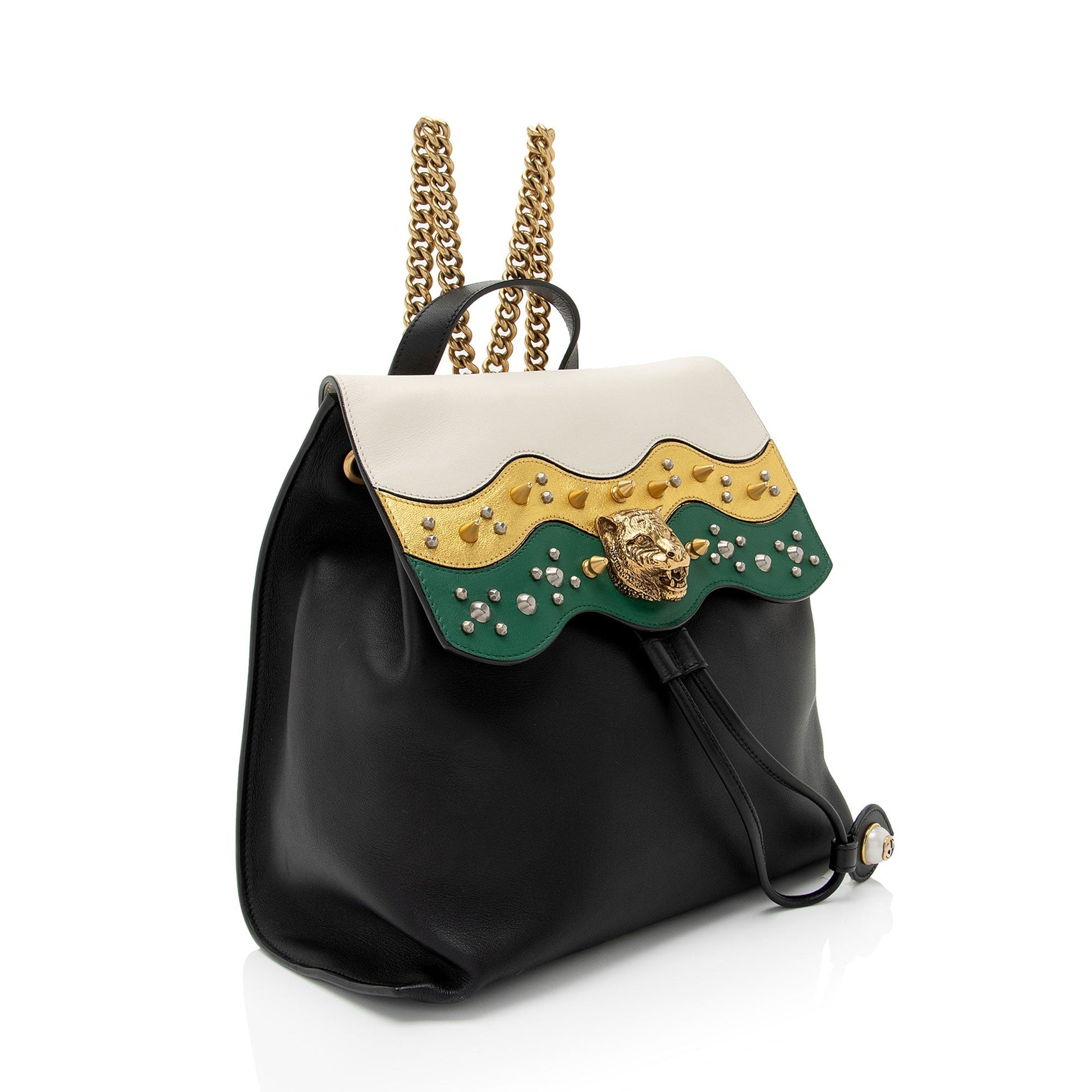 Gucci Animalier Malin Chain Backpack Leather Black Green Medium Shoulder Bag