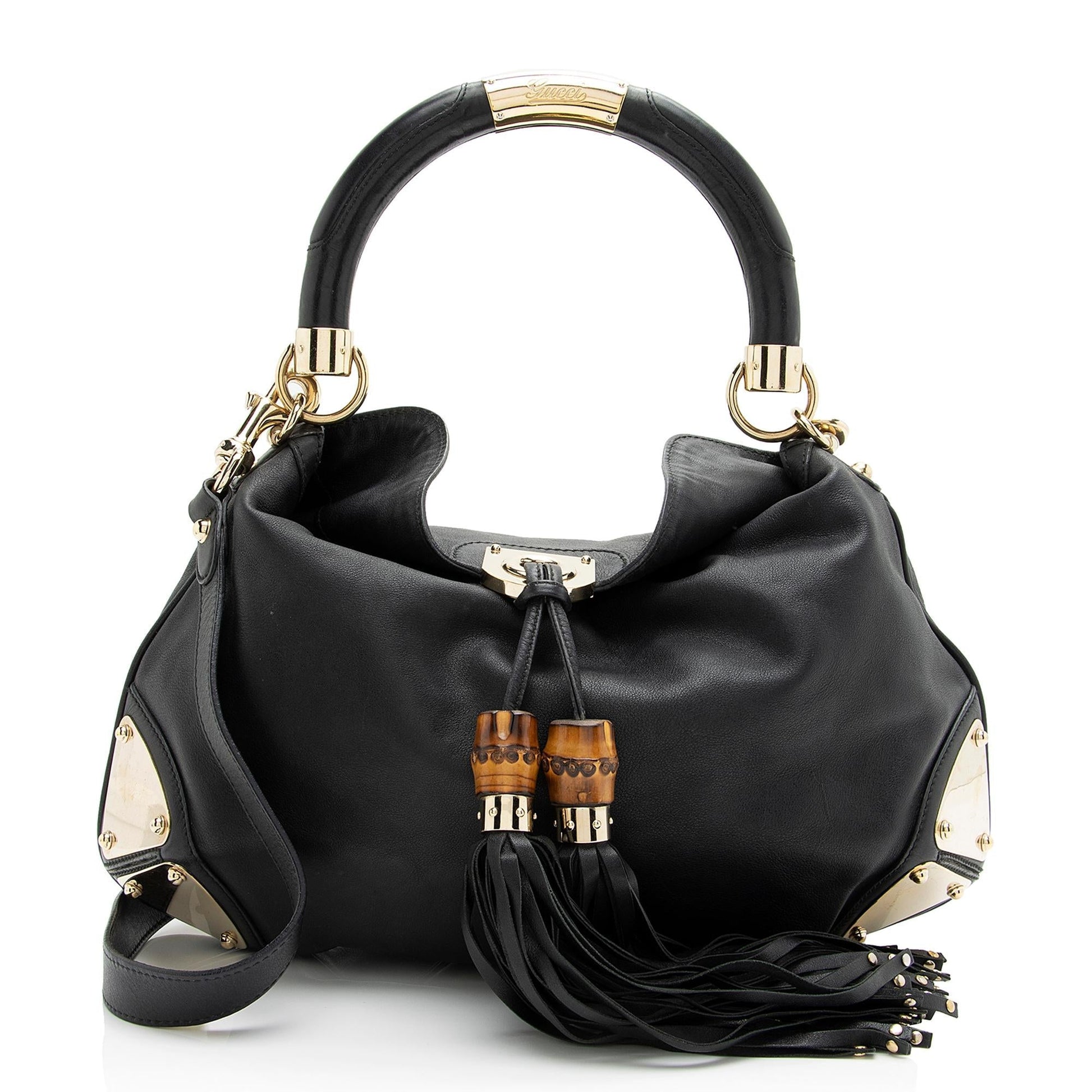 Gucci Bamboo Indy SHF Leather Black Medium Satchel Bag