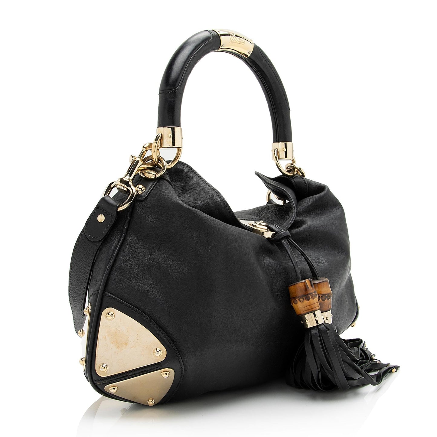 Gucci Bamboo Indy SHF Leather Black Medium Satchel Bag
