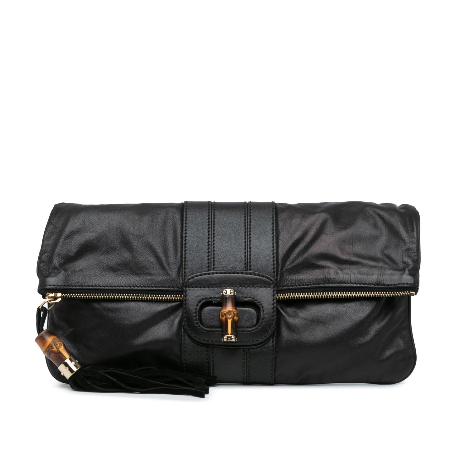 Gucci Bamboo Lucy Fold Over SHG-ithHFj Leather Calf Black Clutch Bag