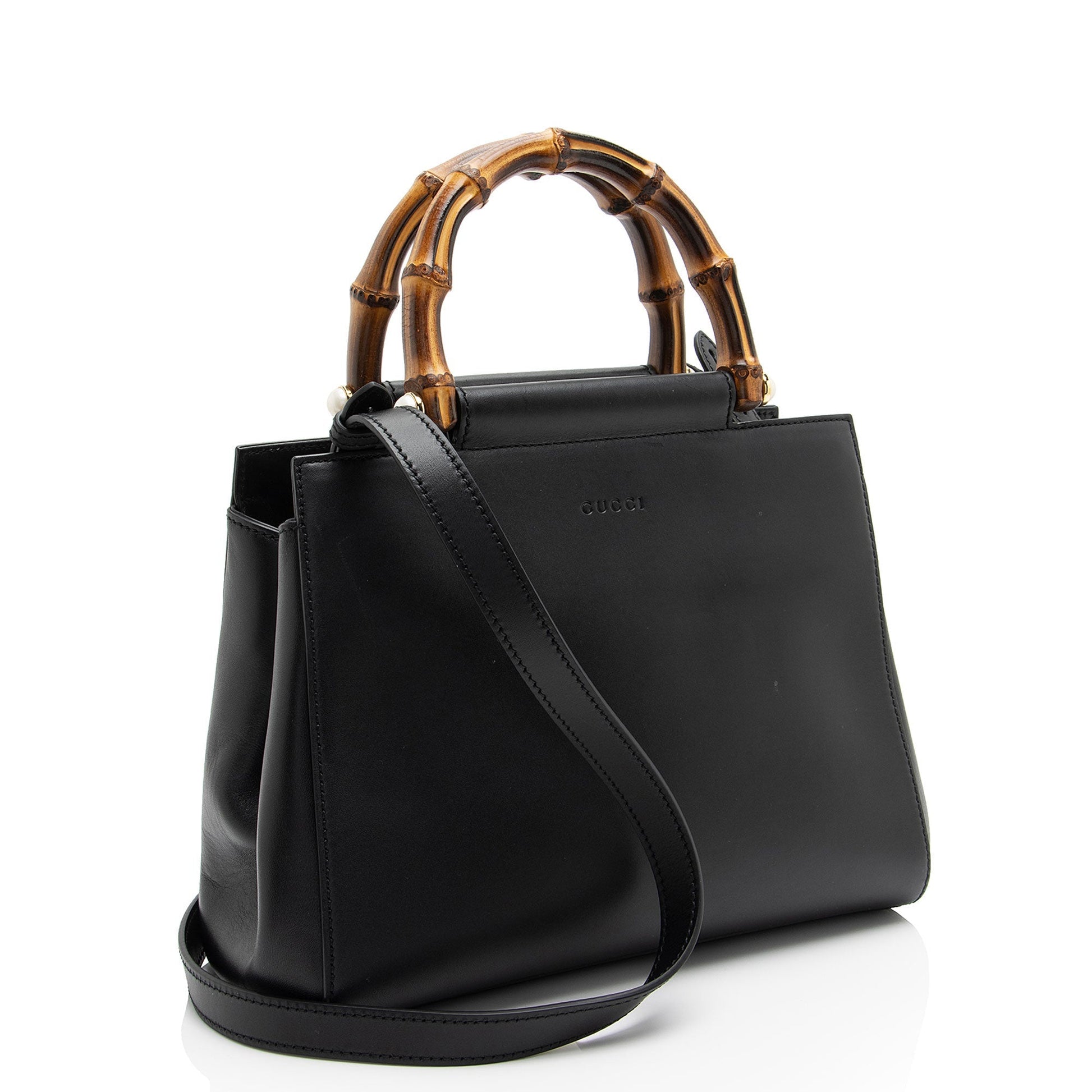 Gucci Bamboo Nymphaea SHF-lcy8Sb Leather Black Small Top Handle Satchel Bag