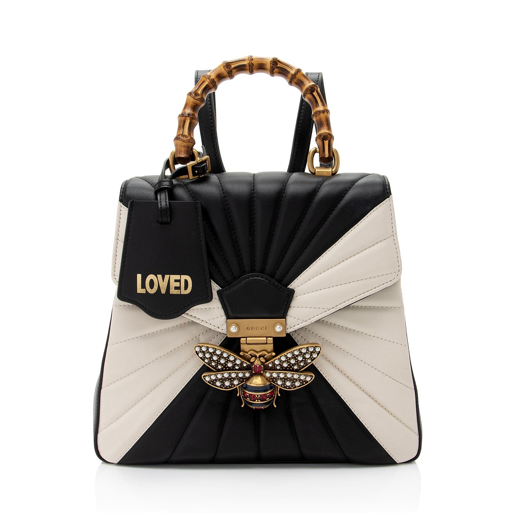 Gucci Bamboo Queen Margaret Backpack SHF-29uUkT Leather Black White Top Handle Shoulder Bag