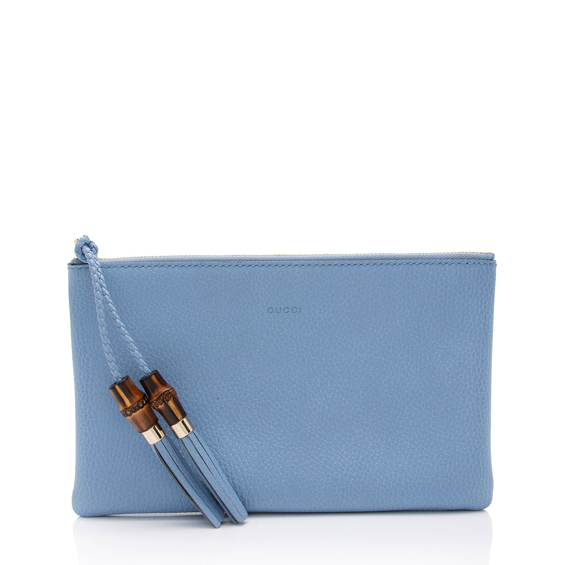 Gucci Bamboo Tassel Zip SHF-6YnArQ Leather Blue Clutch Bag