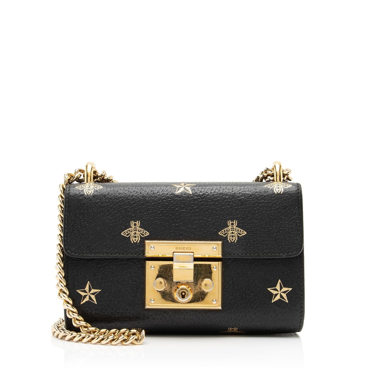 Gucci Bee & Star Padlock SHF Leather Black Mini Crossbody Bag