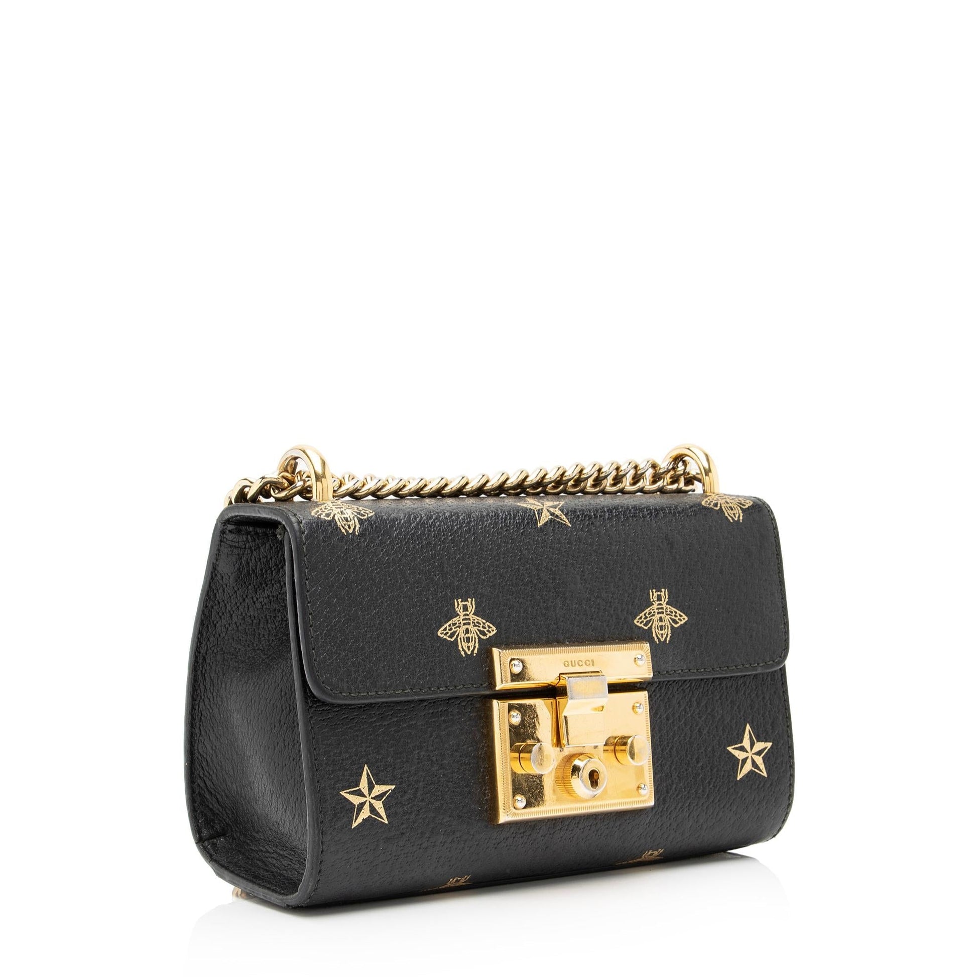 Gucci Bee & Star Padlock SHF Leather Black Mini Crossbody Bag