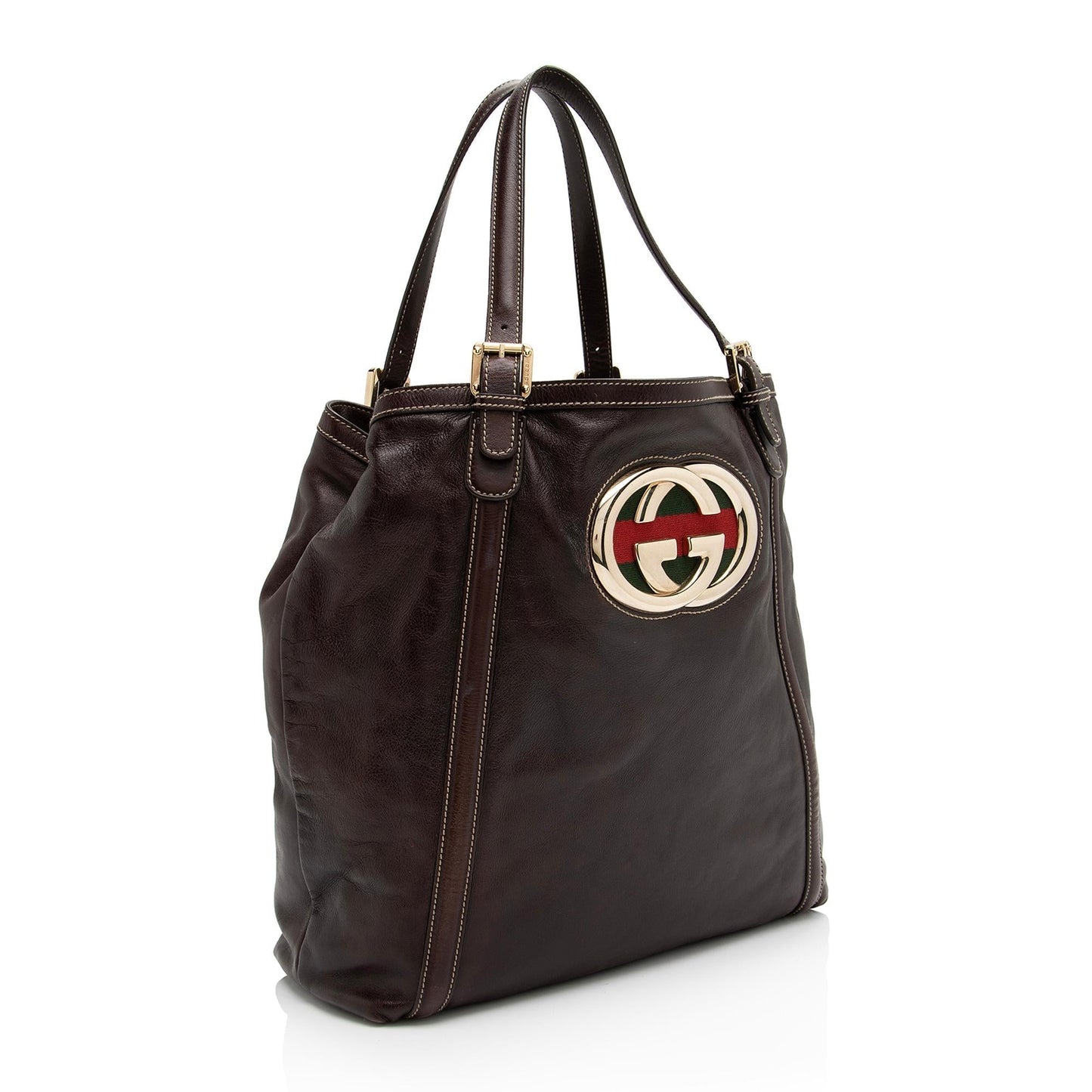 Gucci Britt SHF Leather Nylon Brown Large Tote Bag