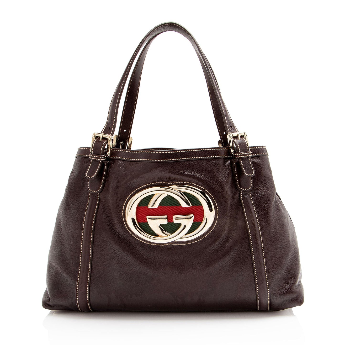 Gucci Britt Leather Nylon Brown Medium Tote Bag