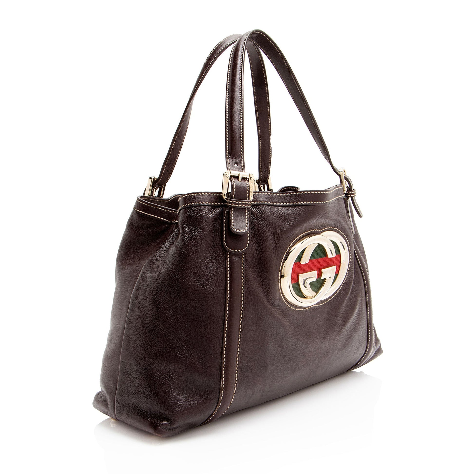 Gucci Britt Leather Nylon Brown Medium Tote Bag