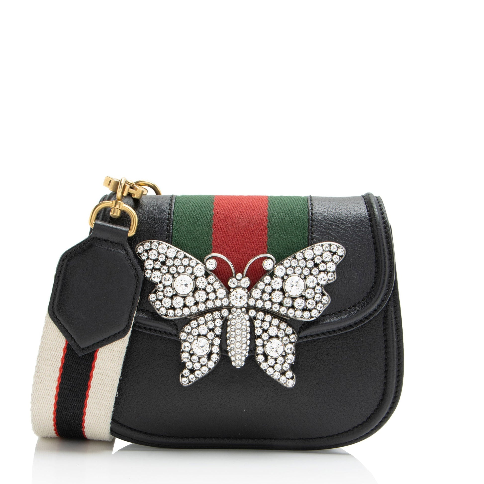 Gucci Crystal Butterfly Linea Totem Leather Nylon Black Small Crossbody Bag