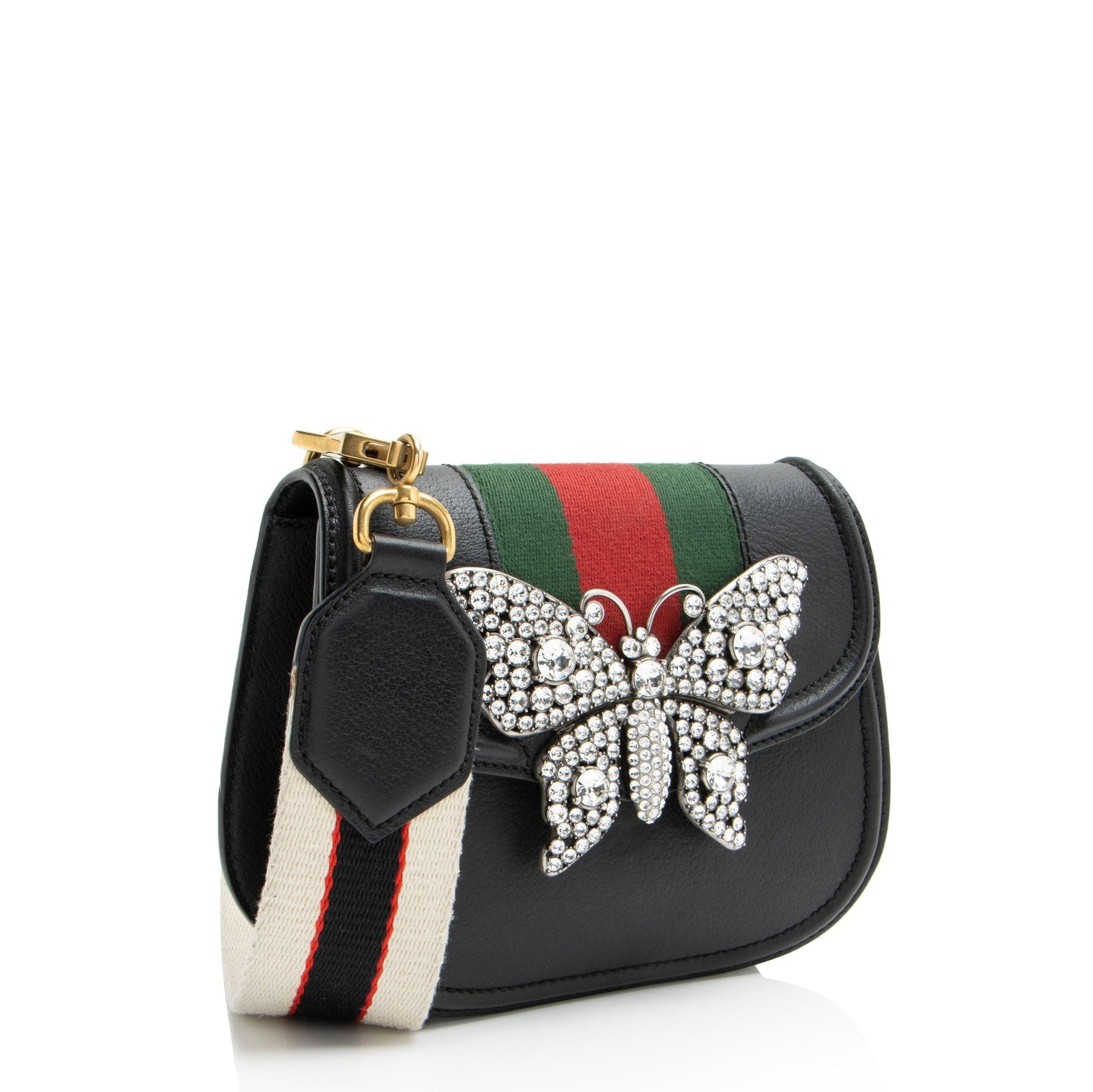 Gucci Crystal Butterfly Linea Totem Leather Nylon Black Small Crossbody Bag
