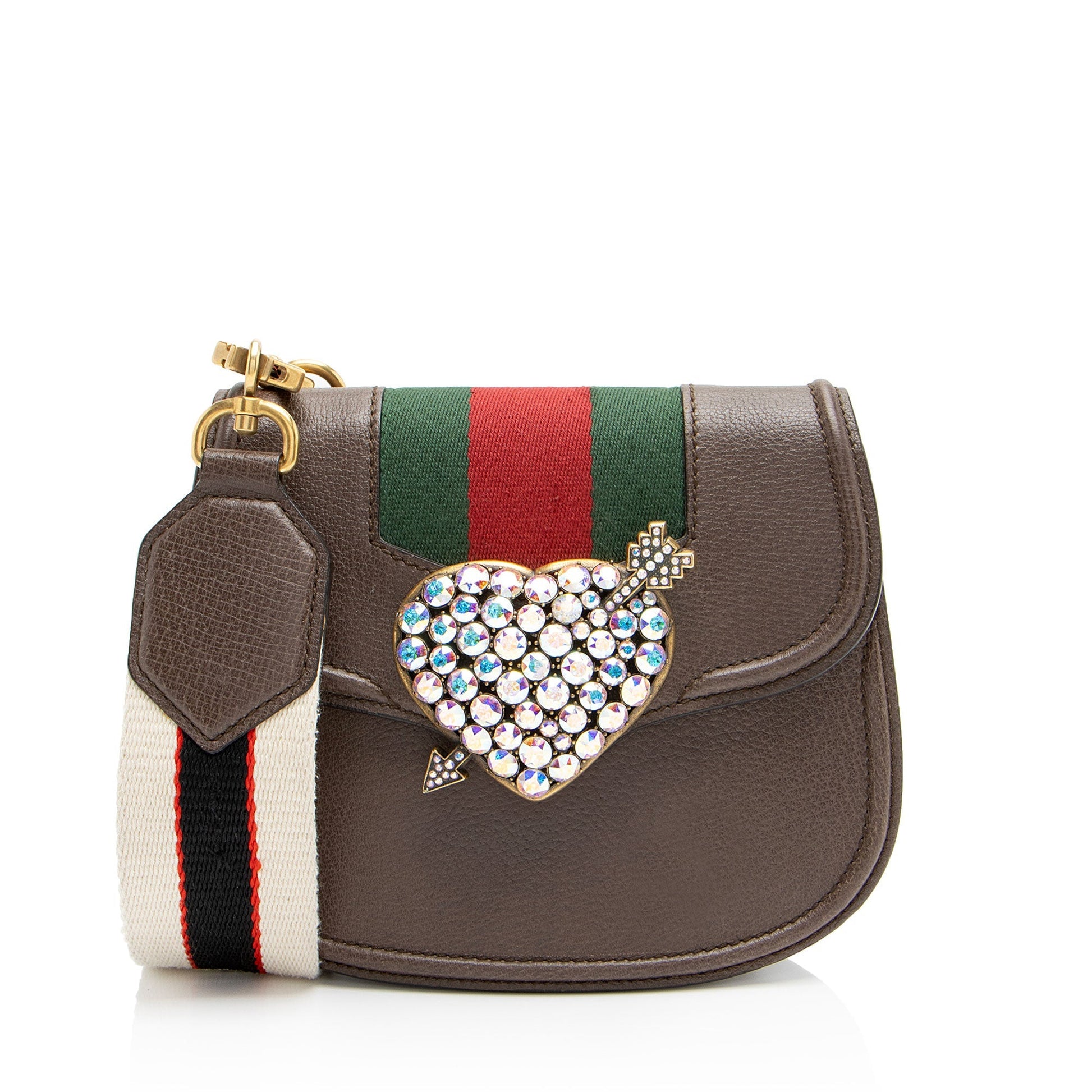 Gucci Crystal Heart Linea Totem Leather Nylon Brown Small Crossbody Bag