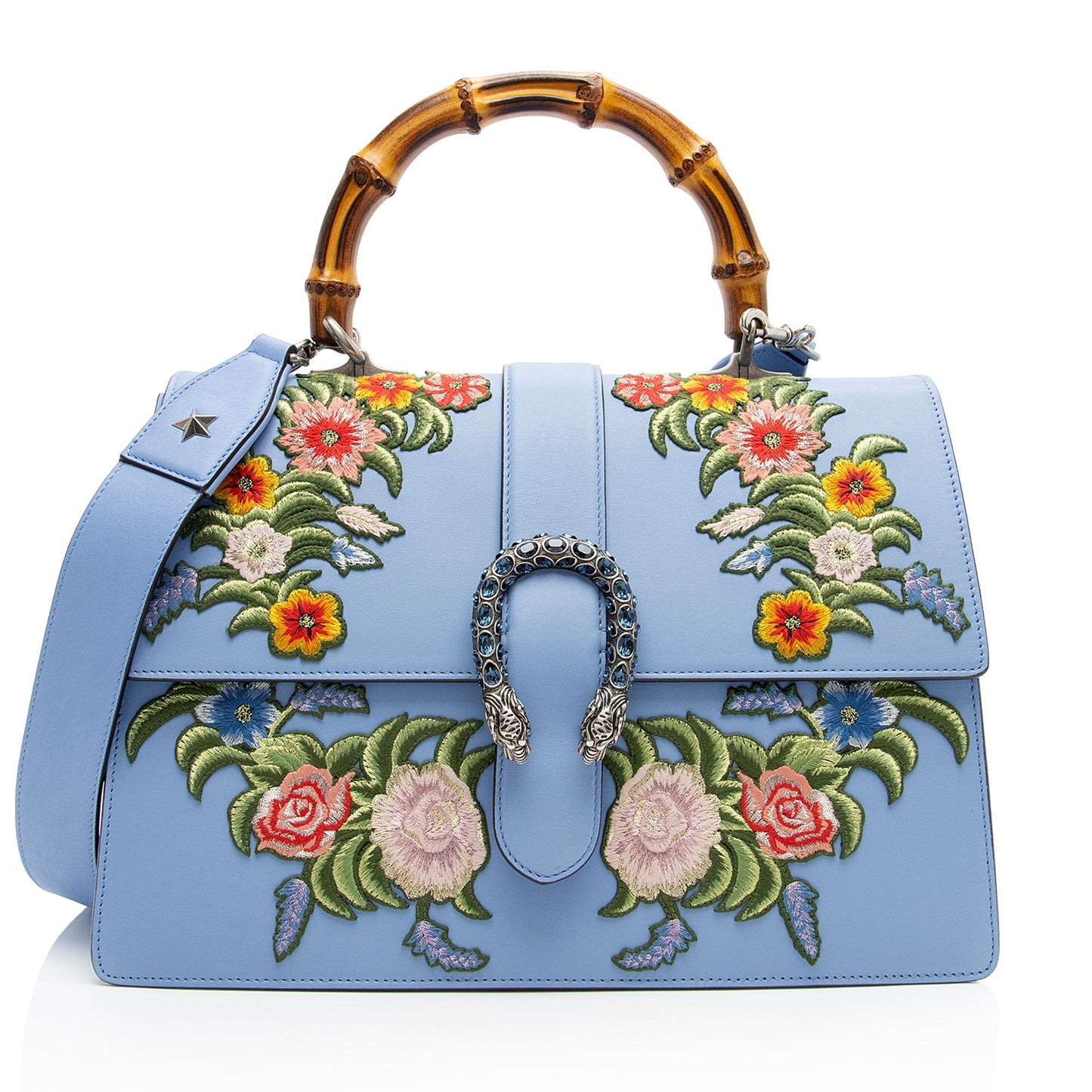 Gucci Embroidered Bamboo Dionysus Top Handle Leather Nylon Blue Large Satchel Bag