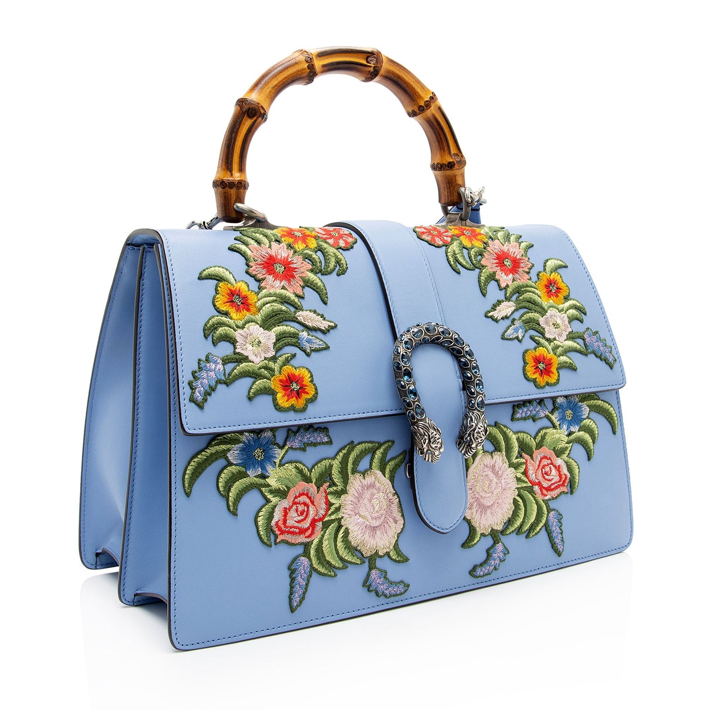 Gucci Embroidered Bamboo Dionysus Top Handle Leather Nylon Blue Large Satchel Bag