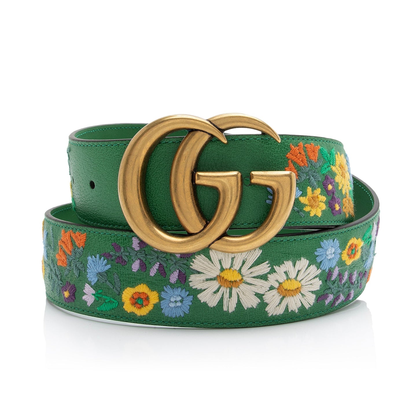 Gucci Embroidered Floral GG Marmont Belt Leather Green Accessory