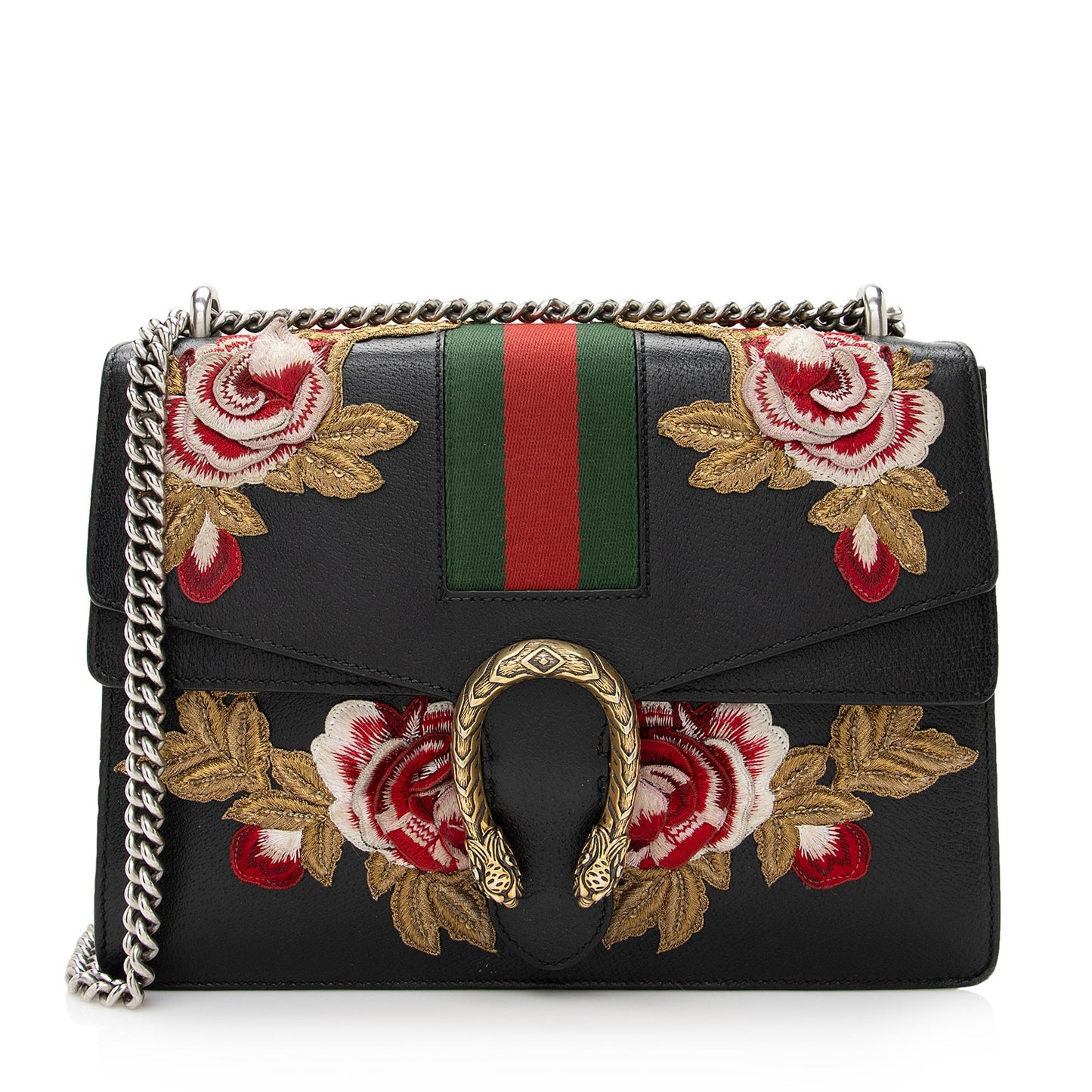 Gucci Embroidered Rose Dionysus SHF Leather Black Green Shoulder Bag