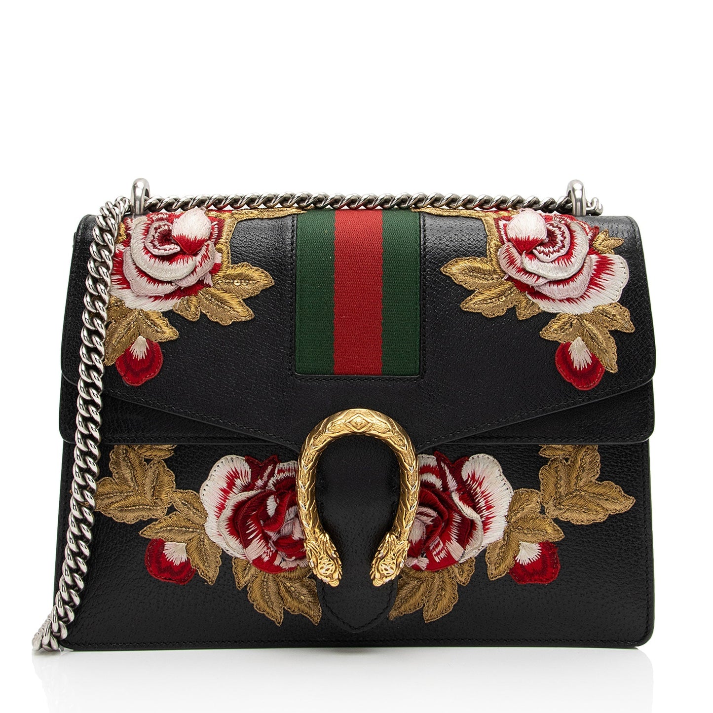 Gucci Embroidered Rose Dionysus SHF-sxhk6S Leather Black Green Shoulder Bag