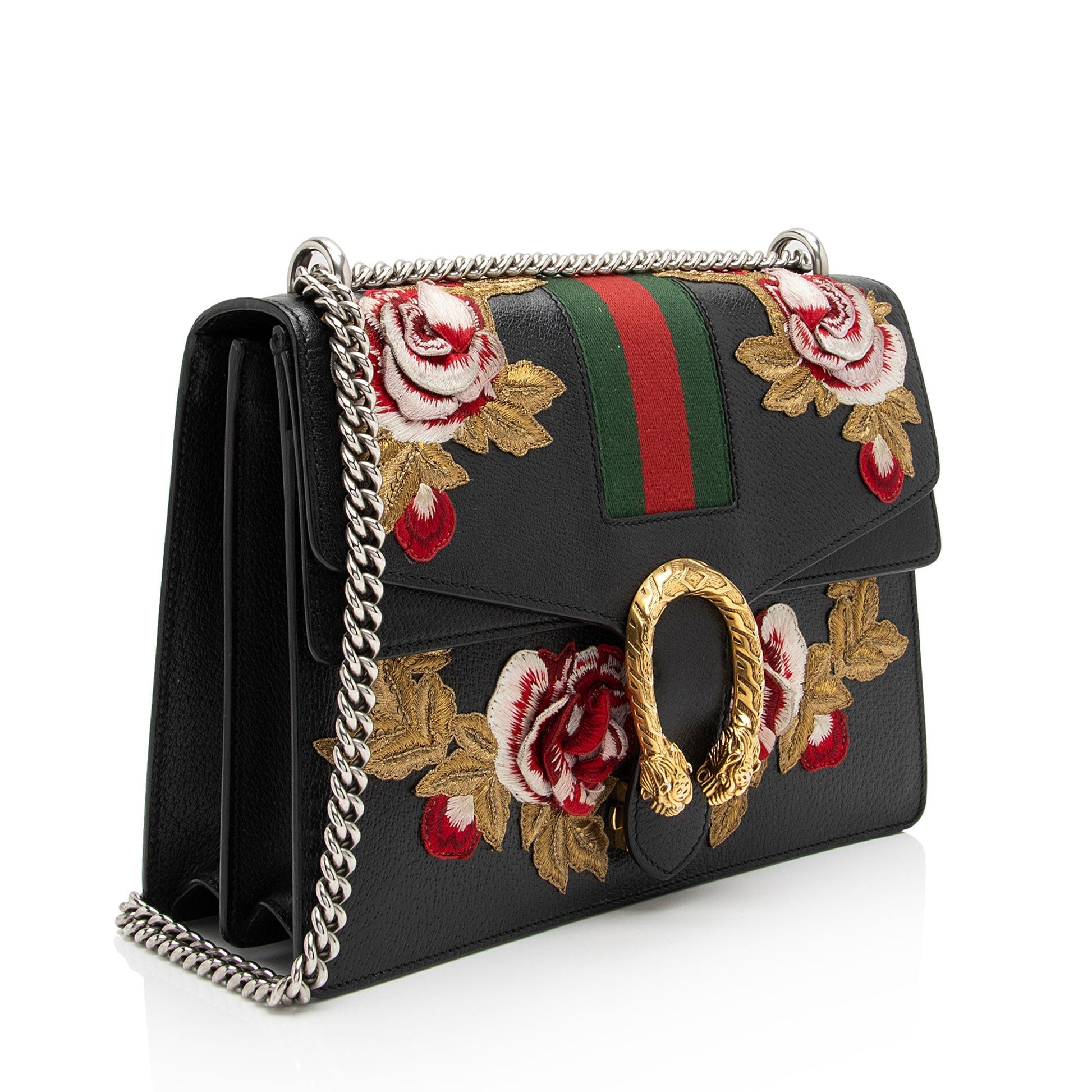 Gucci Embroidered Rose Dionysus SHF-sxhk6S Leather Black Green Shoulder Bag