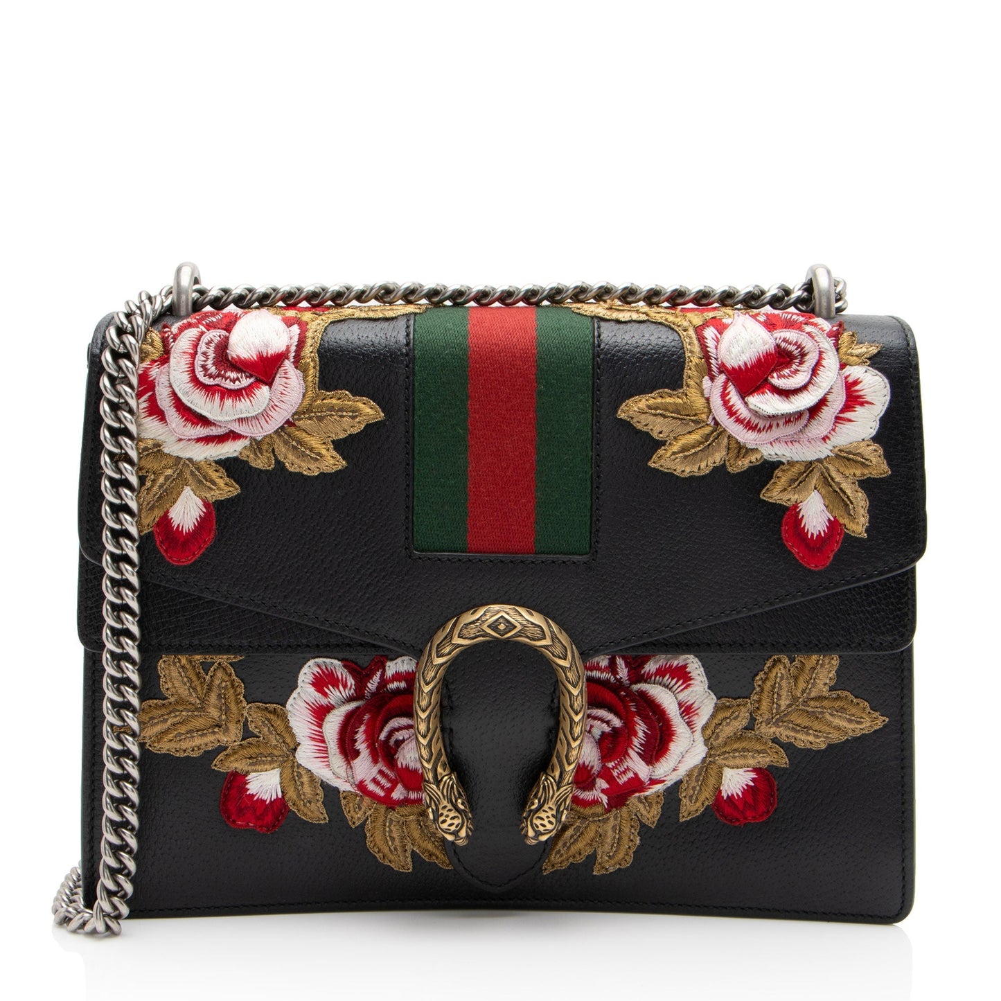 Gucci Embroidered Rose Dionysus SHF-NIvfQT Leather Black Gold Shoulder Bag