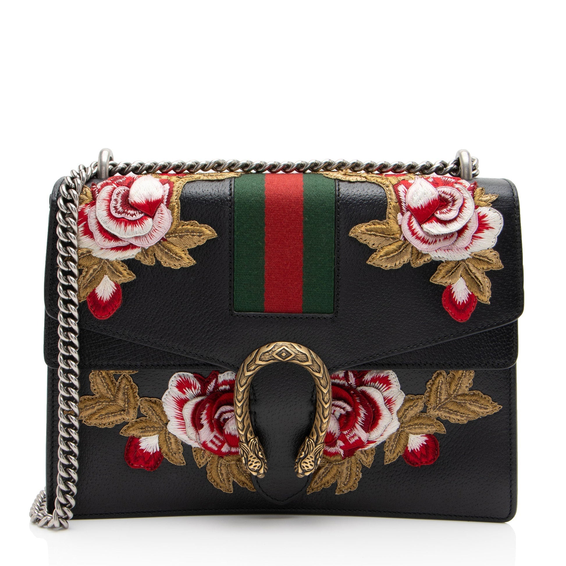 Gucci Embroidered Rose Dionysus SHF-NIvfQT Leather Black Gold Shoulder Bag