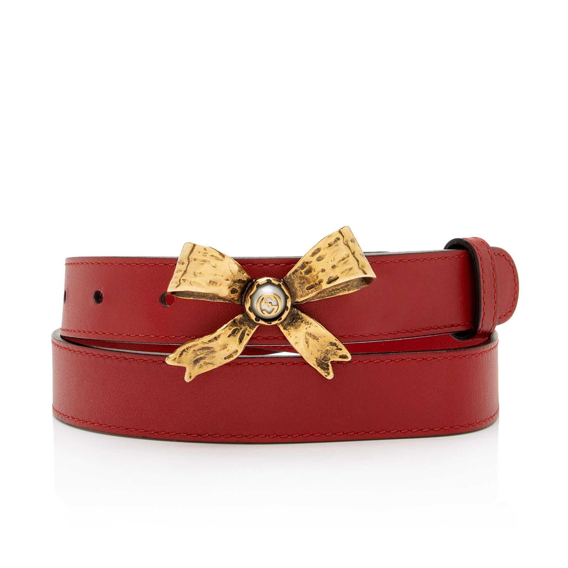 Gucci Faux Pearl Interlocking G Bow Leather Red Accessory