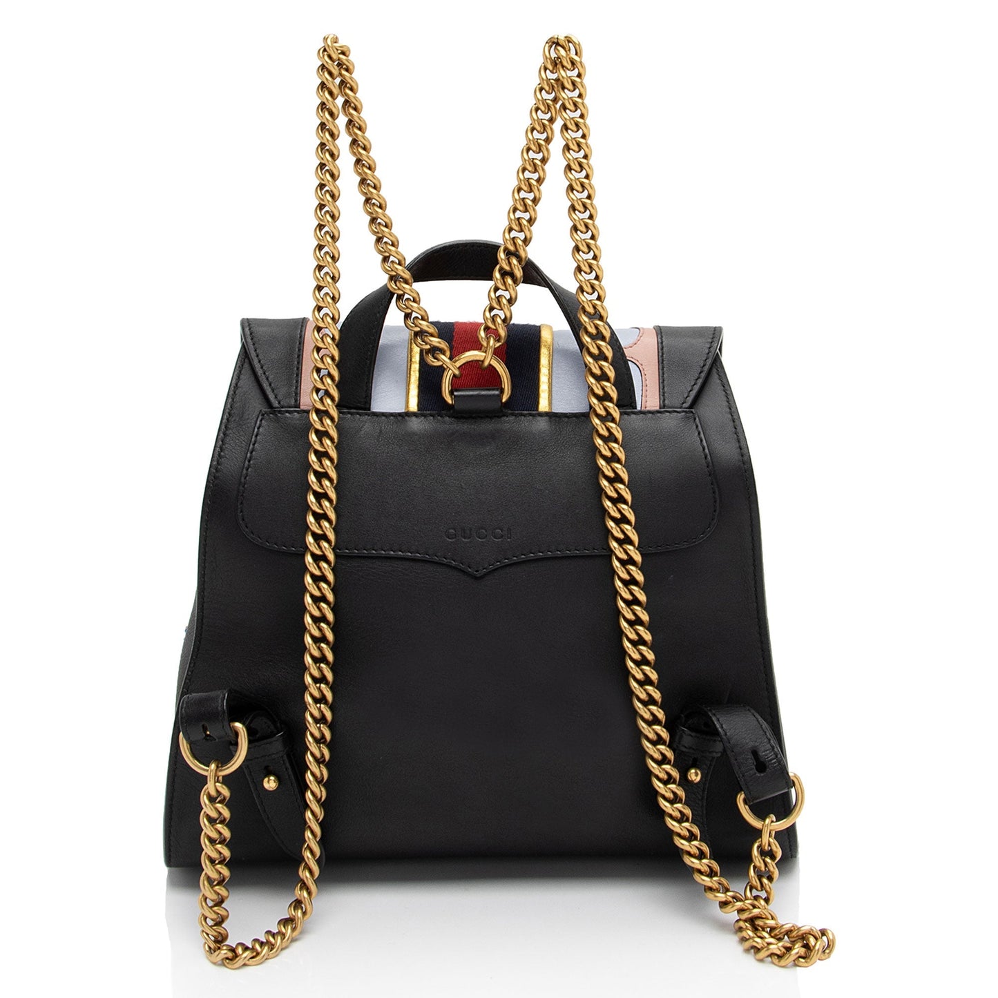 Gucci GG Marmont Web Flap Backpack Leather Nylon Black Chain Shoulder Bag
