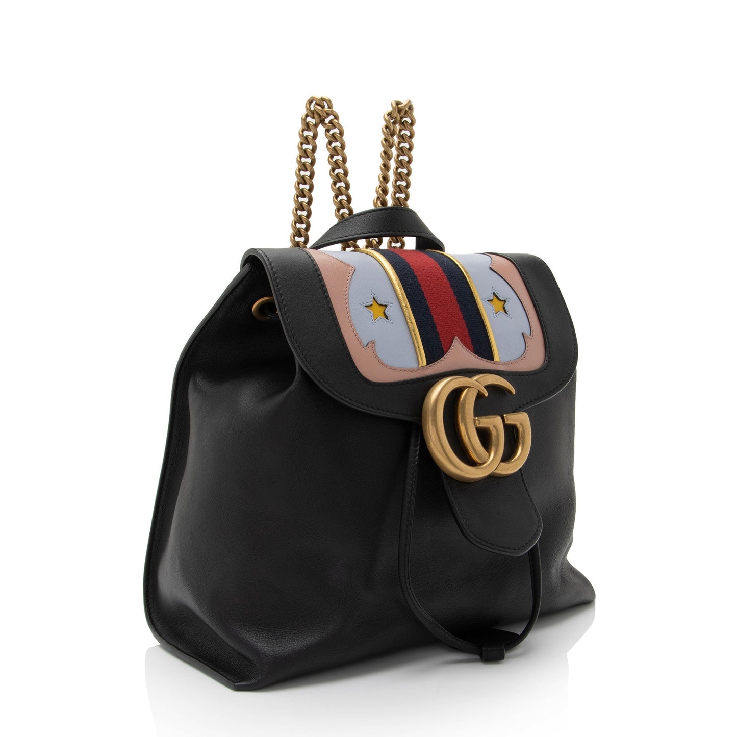 Gucci GG Marmont Web Flap Backpack Leather Nylon Black Chain Shoulder Bag Shf Eijj7M