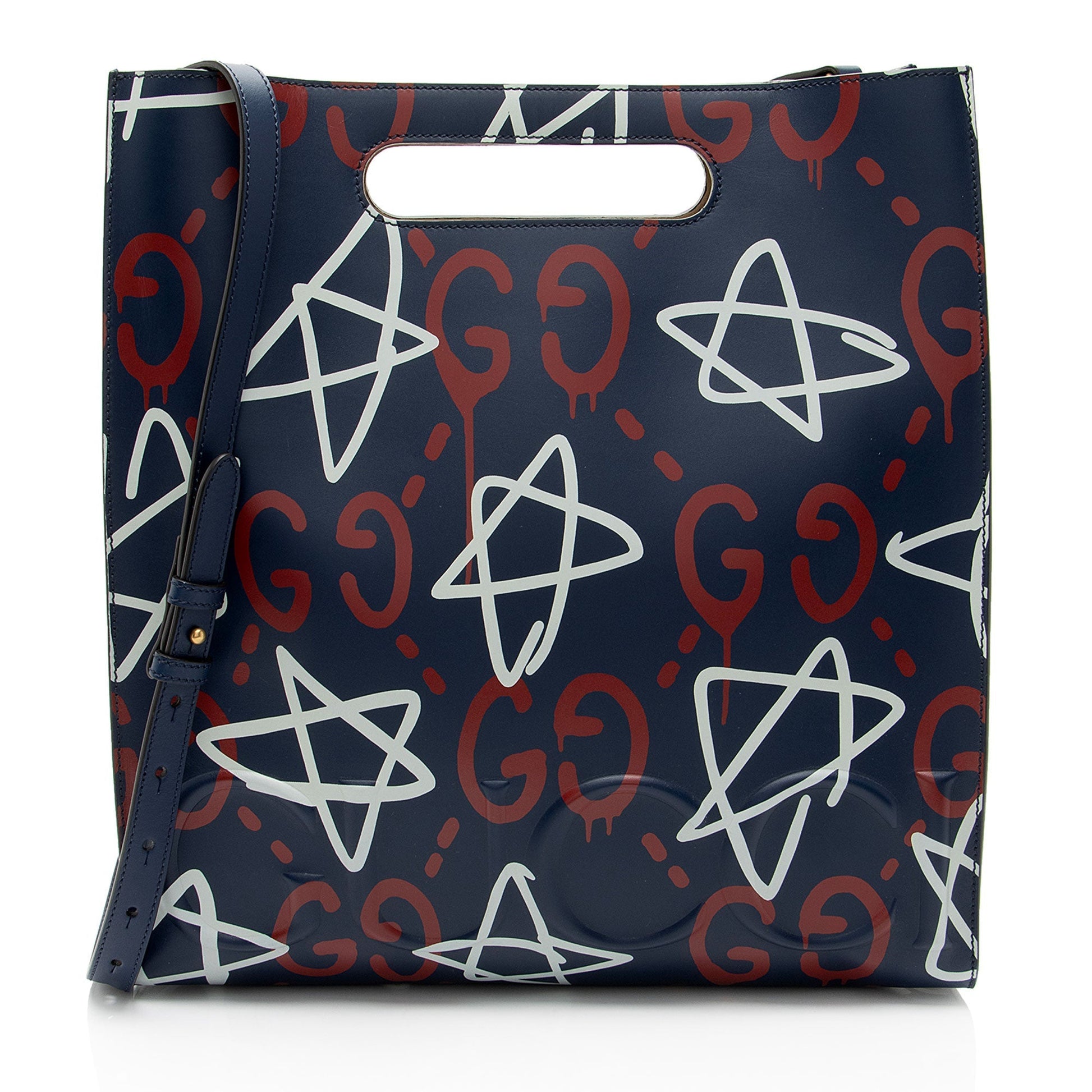 Gucci Ghost Leather White Blue Red Tote Bag Medium Tote